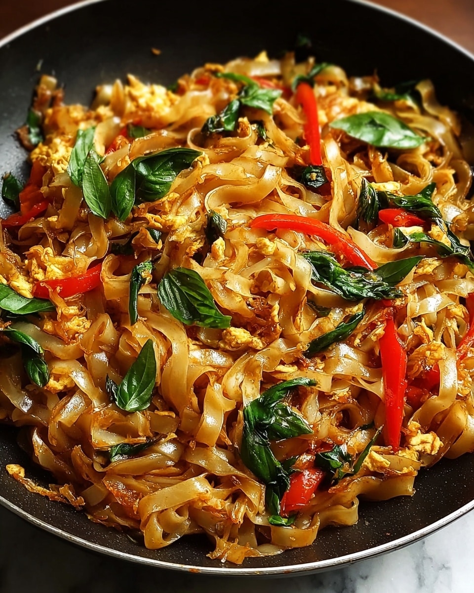 A close-up view of a pan filled with glossy flat rice noodles that are light brown from being stir-fried, mixed with small pieces of scrambled egg, bright red bell pepper chunks, and dark green fresh basil leaves scattered on top. The noodles look soft and slightly curled with some areas showing a golden-brown caramelized texture. The pan sits on a white marbled surface, and the dish has a warm, inviting appearance. photo taken with an iphone --ar 4:5 --v 7