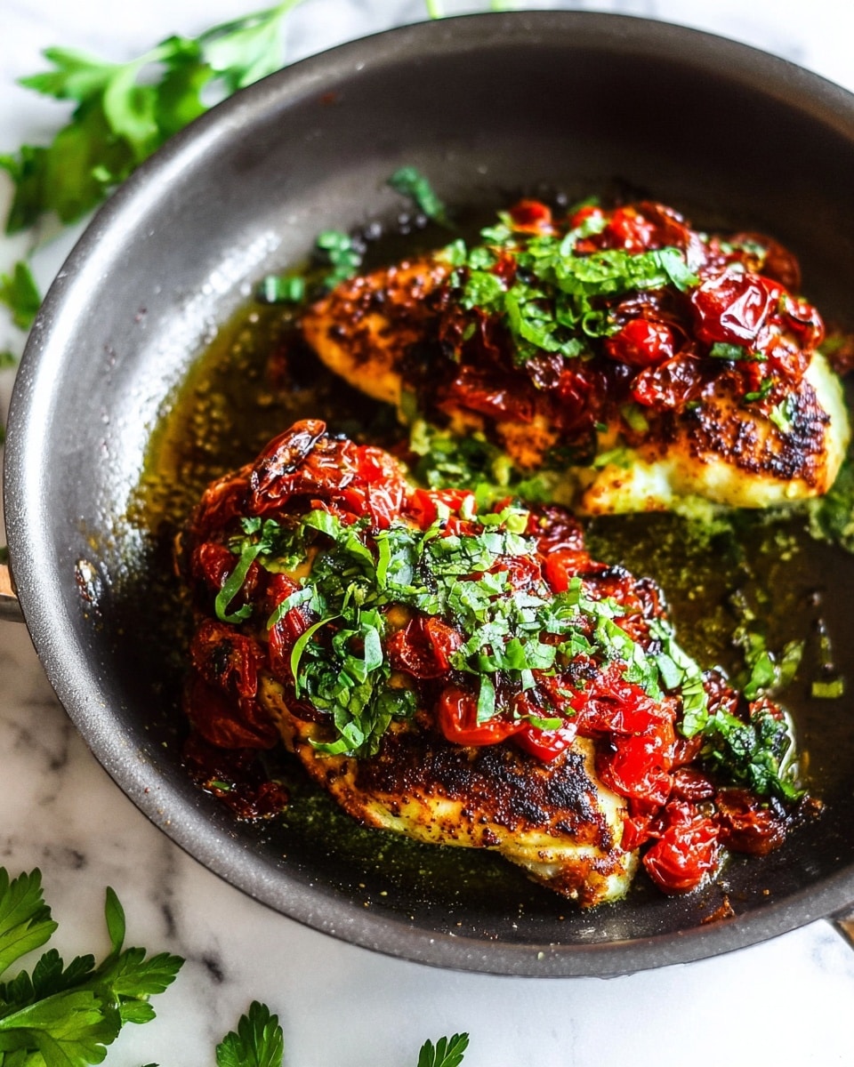 Two cooked chicken breasts rest in a dark pan, each topped with a vibrant layer of roasted red tomatoes and green herbs. The chicken has a golden-brown crust with some charred spots, showing a textured, juicy surface. Fresh green leafy herbs are scattered generously on top, adding a fresh contrast to the rich colors of the cooked tomatoes and chicken. The pan sits on a white marbled surface with some fresh green parsley leaves visible nearby. photo taken with an iphone --ar 4:5 --v 7