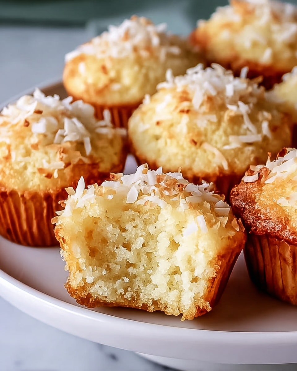 A close-up view of several golden brown coconut-topped cupcakes arranged on a white plate with one cupcake in the front cut in half to show a soft, crumbly, pale yellow interior with a moist texture. Each cupcake has a toasted coconut layer on top, featuring small thin white flakes with light brown edges, creating a crisp and textured surface. The white plate rests on a white marbled texture background, adding a clean and bright contrast to the cupcakes. photo taken with an iphone --ar 4:5 --v 7