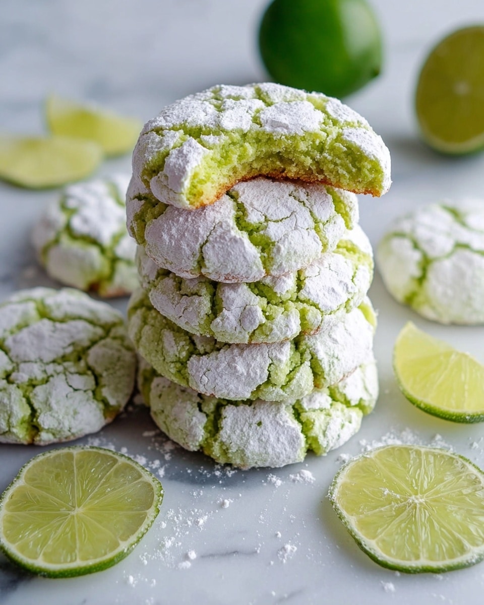 A stack of six round, cracked lime green cookies covered in white powdered sugar sits in the center of a white marbled board. The top cookie has a bite taken out, revealing a soft, dense inside with a slightly golden bottom layer. Surrounding the cookies are several lime halves and wedges with bright green skin and juicy pale green flesh, scattered on the white marbled surface. The scene shows fresh, vibrant colors with a focus on the texture of the powdered sugar and the cookie cracks. photo taken with an iphone --ar 4:5 --v 7
