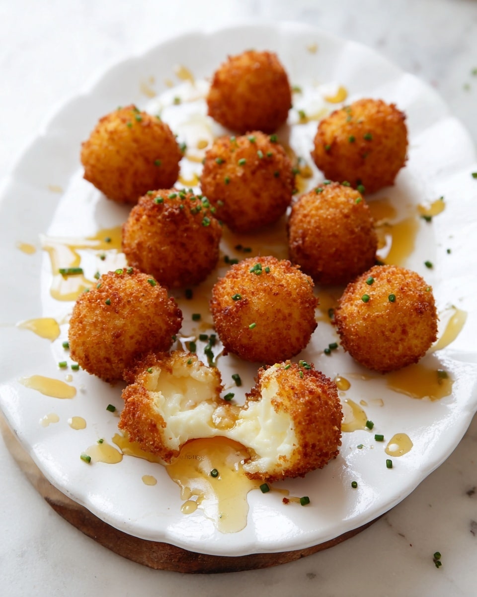 There are about sixteen small golden-brown crispy balls arranged casually on a white plate with a smooth texture and scalloped edges. Each fried ball is evenly coated in a crunchy breading with a warm, rich color. One ball is broken open, showing a soft, white, creamy inside. Around the balls, light amber honey is drizzled in small pools, adding shine and stickiness. Tiny rings of fresh green chives are sprinkled over the entire plate, giving a touch of color contrast. The whole setup rests on a white marbled surface, making the colors pop. Photo taken with an iphone --ar 4:5 --v 7