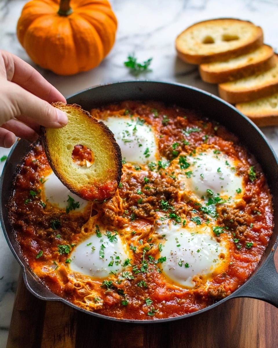 A black skillet filled with a thick, bright red tomato sauce base mixed with cooked ground meat and herbs, topped with five smooth, white poached eggs nestled into the sauce. Small green chopped parsley pieces are sprinkled over the eggs and sauce, adding fresh color. A woman's hand is holding a toasted, golden-brown slice of bread with a hole in it, dipping it into the sauce near the center of the skillet. In the background, a small orange pumpkin and several slices of toasted white bread rest on a white marbled surface. Photo taken with an iphone --ar 4:5 --v 7
