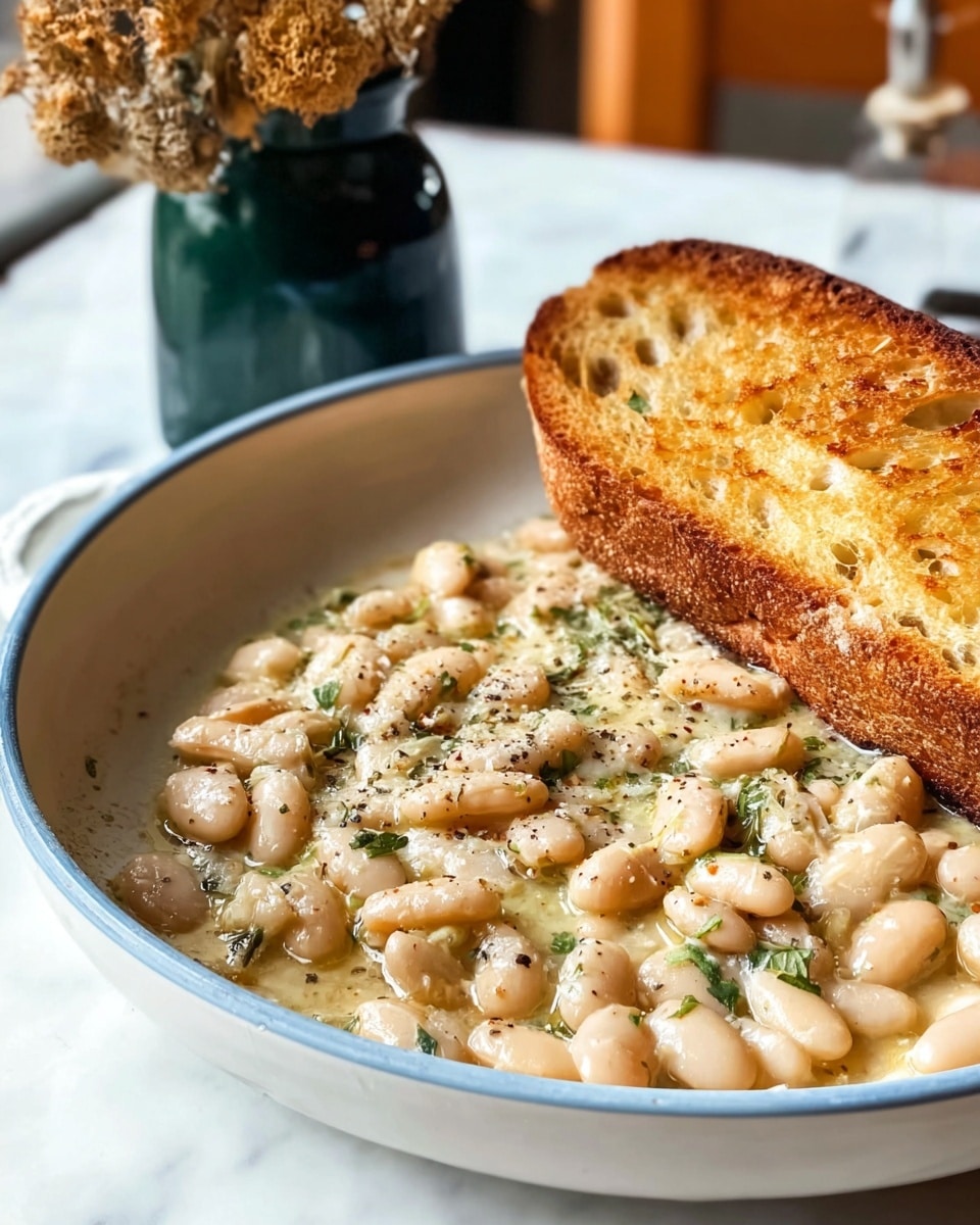 The image shows a dish in a deep white bowl with a light blue rim, filled mostly with white beans covered in a creamy, slightly oily sauce, sprinkled with green herbs and black pepper for a speckled effect. On one side, a single piece of perfectly toasted golden-brown bread is resting against the beans, showing a crisp texture and butter sheen. The bowl sits on a white marbled surface with a dark green vase holding dried flowers visible in the background. Photo taken with an iphone --ar 4:5 --v 7