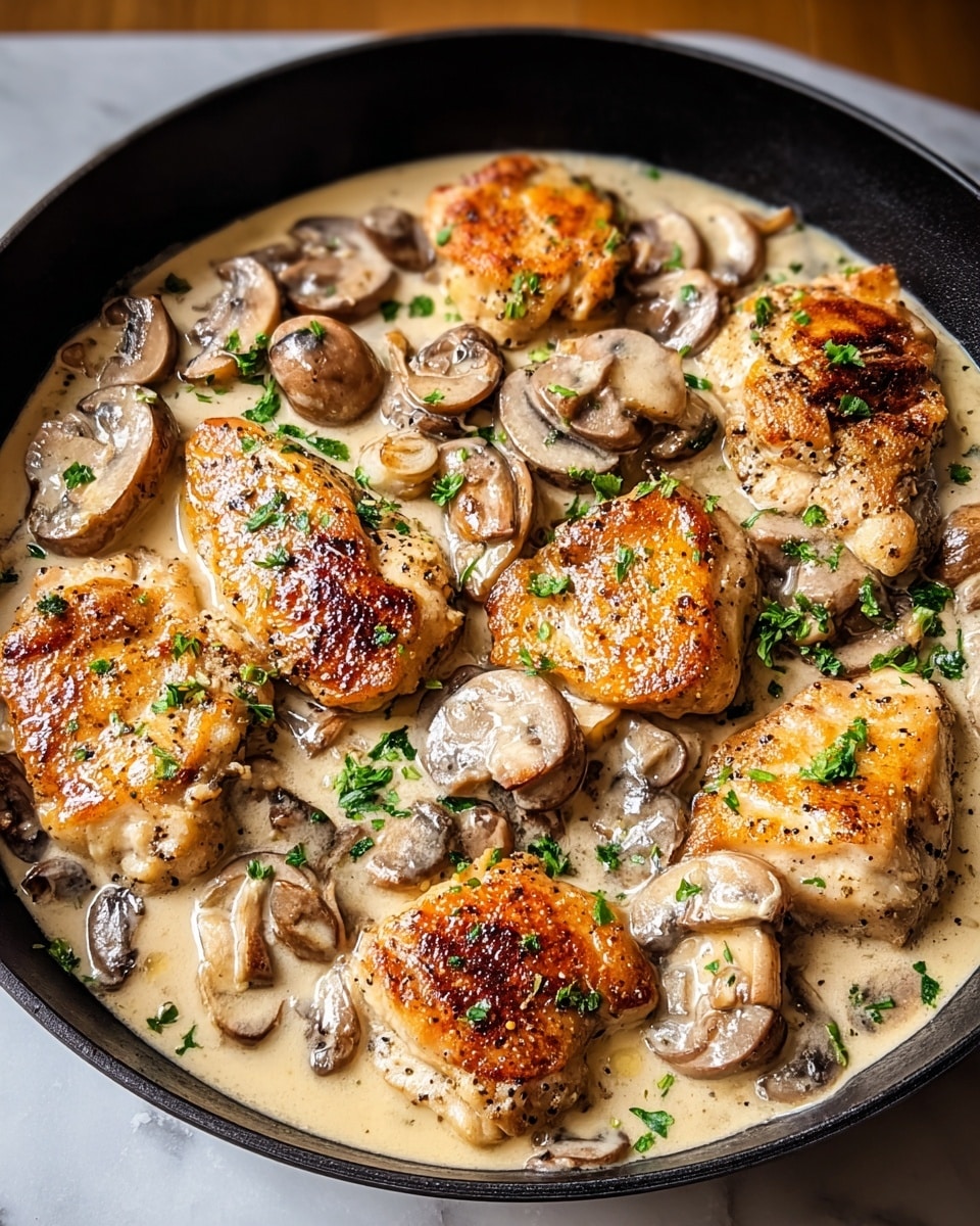 The dish shows a black skillet filled with creamy sauce and several browned chicken pieces on top, each piece having a golden, crispy texture with some black pepper seasoning visible. Scattered among the chicken pieces are slices of cooked mushrooms that appear soft and slightly glossy from the sauce. The creamy sauce underneath is light beige and smooth, evenly coating the bottom of the skillet and surrounding the chicken and mushrooms. Small chopped green herbs are sprinkled over the dish, adding a fresh green color contrast. The skillet sits on a white marbled surface with soft natural lighting highlighting the textures and colors. photo taken with an iphone --ar 4:5 --v 7