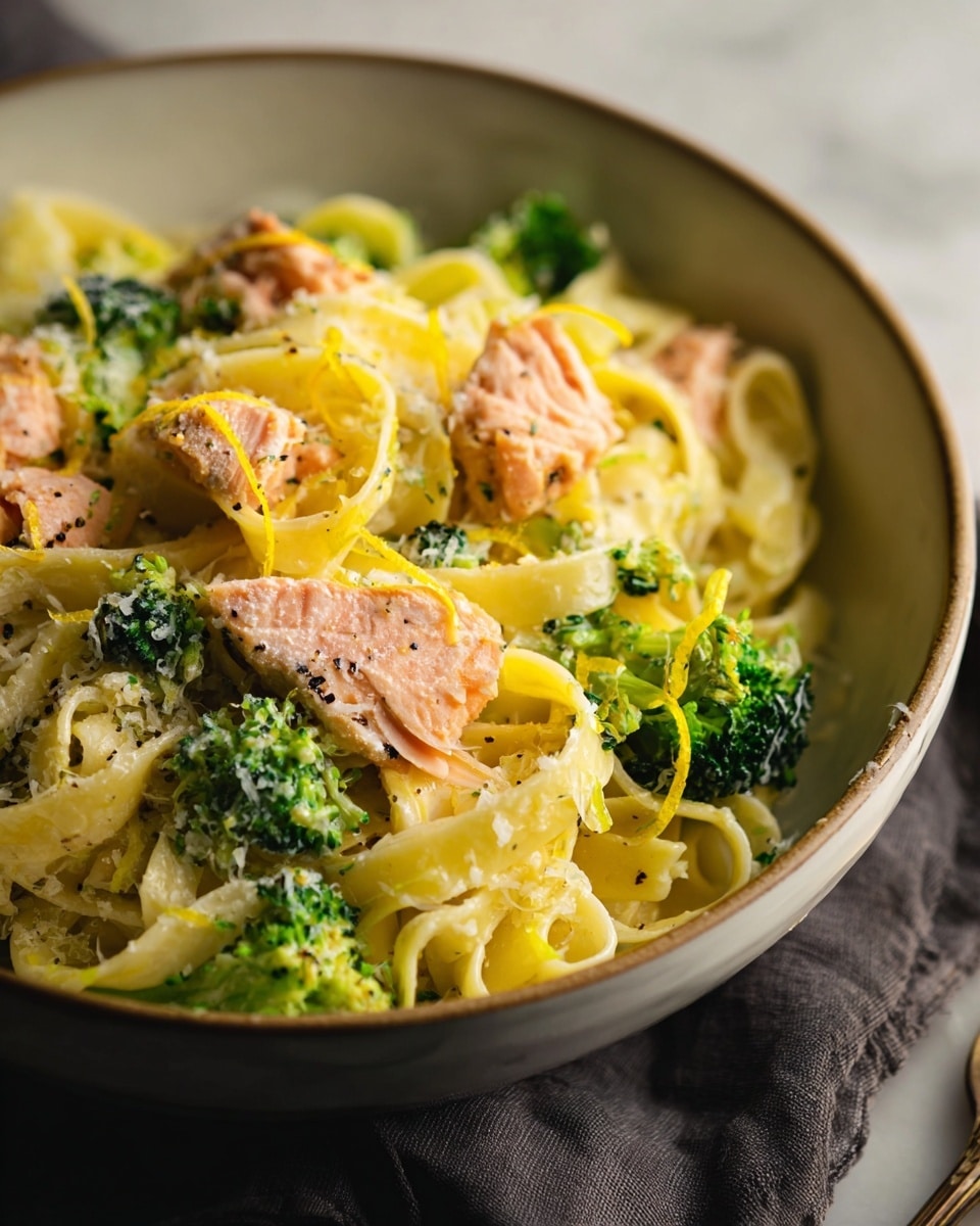 A close-up view of a white bowl filled with creamy fettuccine pasta layered with tender pink salmon pieces, vibrant green broccoli florets, and thin lemon zest strips. The pasta is creamy light yellow with some black pepper specks sprinkled on top, while the salmon pieces are flaky and slightly browned on the edges. Broccoli adds a fresh green pop, and grated cheese is lightly scattered over the top. The bowl is placed on a dark cloth on a white marbled surface, creating a warm and cozy setting. Photo taken with an iphone --ar 4:5 --v 7