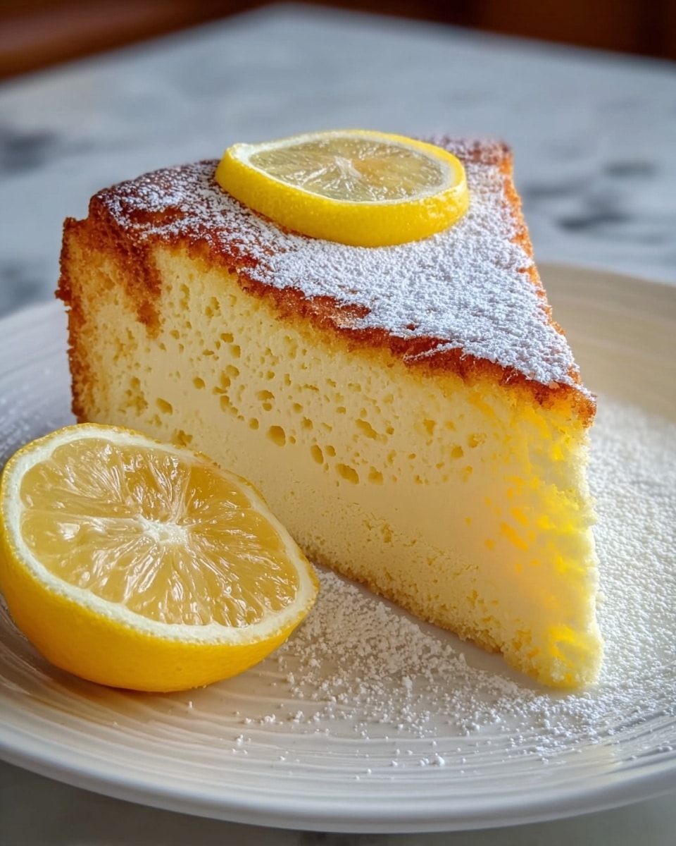 A single slice of yellow lemon cake with a light, creamy texture and small air holes is placed on a white plate with a subtle raised pattern around the edge. The top layer is a golden brown crust dusted with white powdered sugar. A thin round slice of lemon sits on top of the cake slice. Next to the cake on the plate is half of a whole lemon, showing its bright yellow rind and textured skin. The scene is set on a white marbled surface. photo taken with an iphone --ar 4:5 --v 7