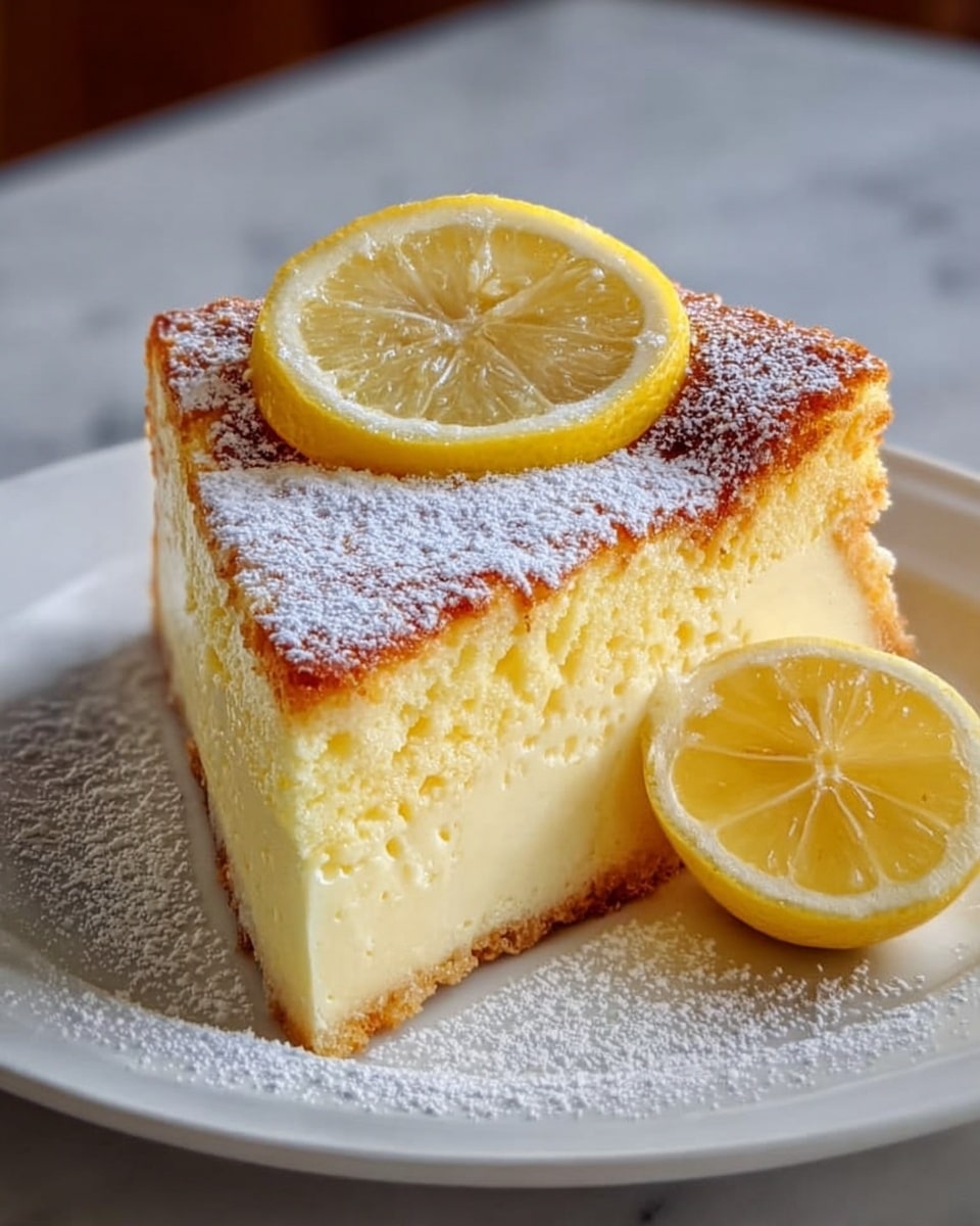The image shows a single slice of lemon cake on a white plate with a light dusting of powdered sugar on top and around the base. The cake has two visible layers: a thin, golden-brown crust on the top that looks slightly crispy, and a thick, creamy yellow layer below with a smooth, slightly porous texture. On top of the slice sits a thin, round lemon slice, bright yellow with visible seeds and a fresh, juicy look. Next to the cake on the plate is half a lemon, its surface textured and shiny. The plate rests on a white marbled surface. photo taken with an iphone --ar 4:5 --v 7