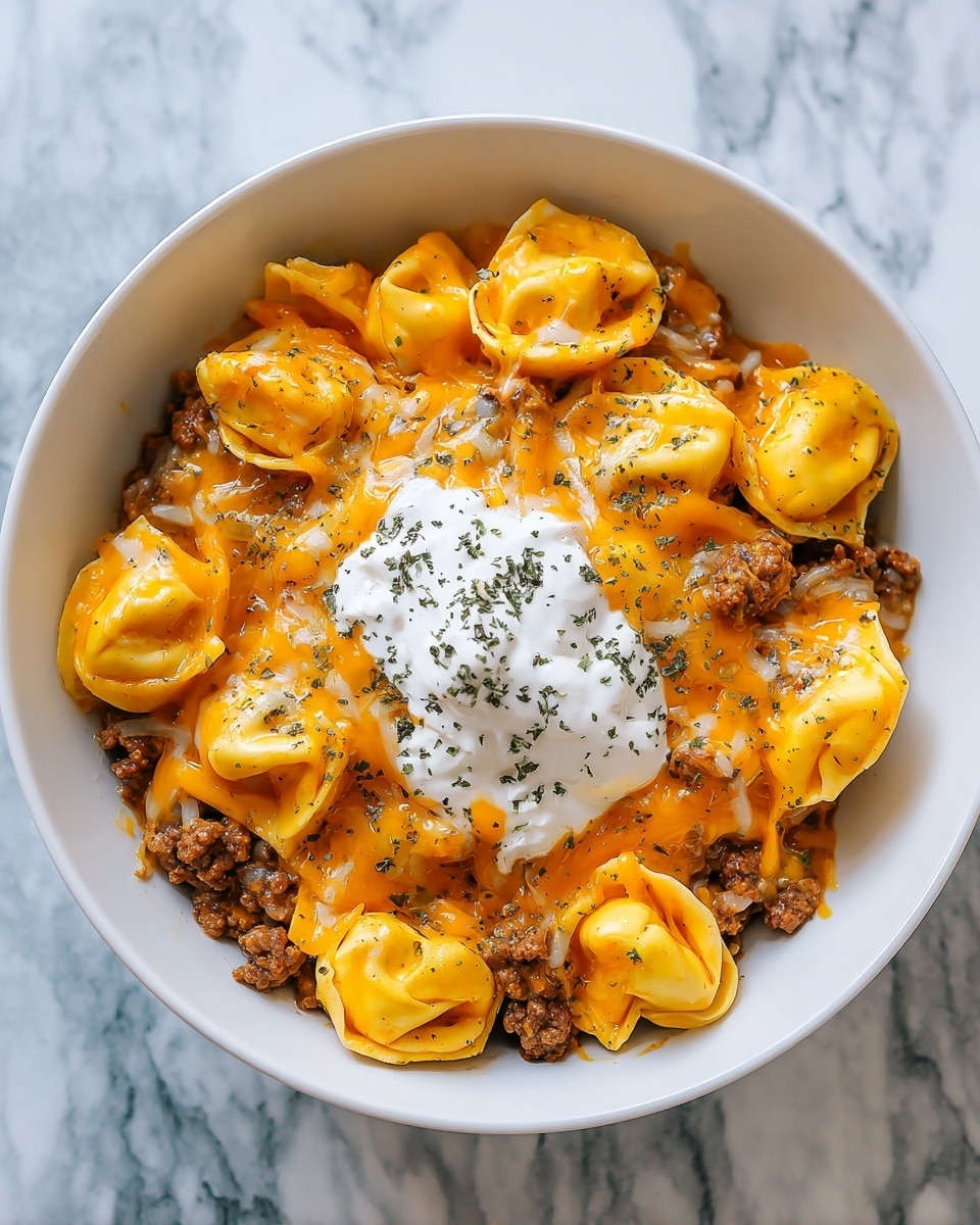 A white bowl filled with a rich layered dish, starting with a creamy ground beef base mixed with small bits of seasoning. On top, there are several soft yellow tortellini pasta pieces scattered across the bowl, mixed in with the beef. A layer of melted orange-yellow cheddar cheese is spread over the pasta and beef, giving a glossy, gooey texture. In the center, a dollop of white sour cream sits, sprinkled with small green herb flakes. The dish looks warm and hearty, all placed on a white marbled texture surface. photo taken with an iphone --ar 4:5 --v 7
