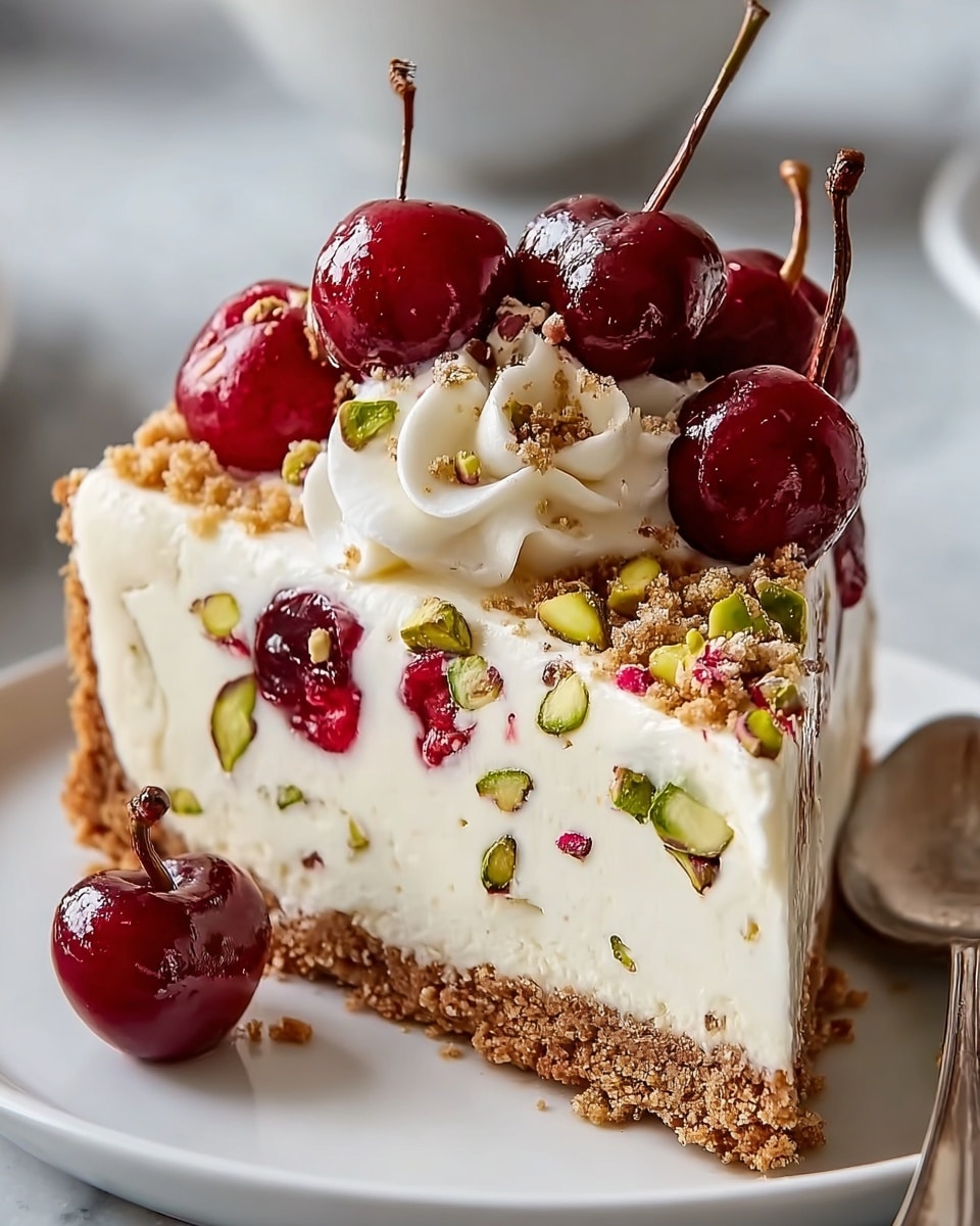 A close-up image of a slice of layered cheesecake on a white plate, set on a white marbled texture. The bottom layer is a brown crumbly crust. Above the crust is a thick layer of creamy white cheesecake studded with green pistachio pieces and some red cherry bits. On top sits a layer of white whipped cream with a few more pistachios and large, glossy, whole red cherries with stems, accompanied by a sprinkle of crumbly brown topping around the cherries. A silver spoon is partially visible to the right of the plate. photo taken with an iphone --ar 4:5 --v 7