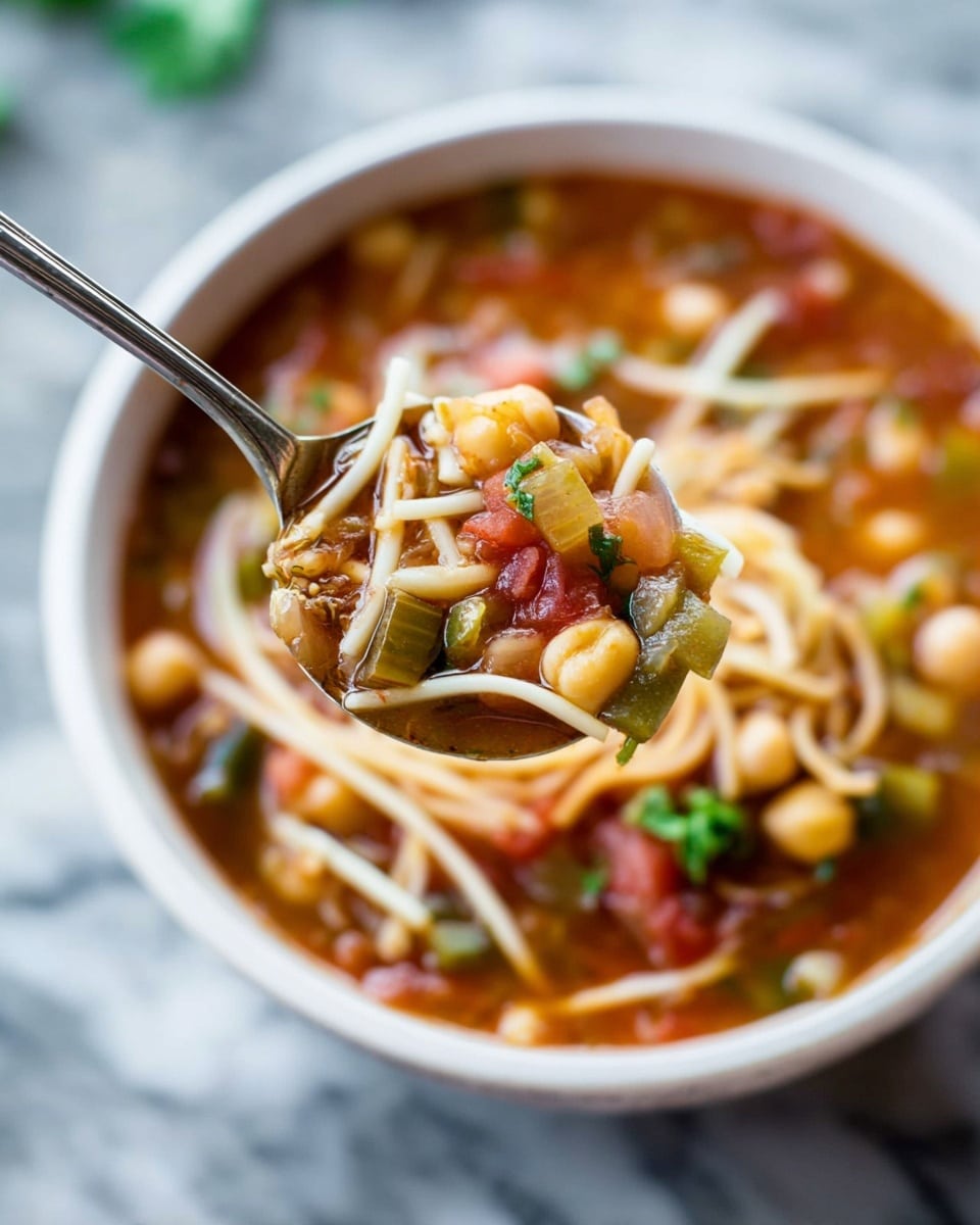 A spoon full of rich soup is held above a white bowl filled with the same soup on a white marbled surface. The soup has multiple layers: a deep reddish-brown broth at the base, mixed with white beans and chickpeas, diced green vegetables, diced tomatoes, and thin white noodle strands. The textures vary from soft beans and tender vegetables to the light, thin noodles, all mixed in the warm broth. The spoon shows a close-up of the ingredients with special focus on the beans, noodles, and tomato pieces. The background softly blurs, giving the soup a warm and inviting look. Photo taken with an iphone --ar 4:5 --v 7