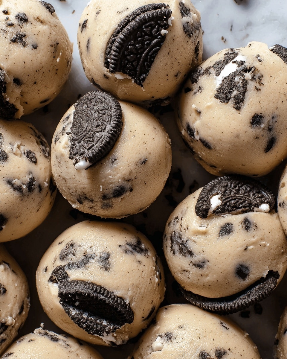 The image shows round cookie dough balls with visible chunks of dark chocolate sandwich cookies embedded throughout. The dough has a smooth, light beige color with a soft texture, and the cookie pieces create a contrast with their dark brown to black color, some showing the creamy white center. The balls are close together on a surface with a white marbled texture, displaying a shiny, slightly moist look. Photo taken with an iphone --ar 4:5 --v 7