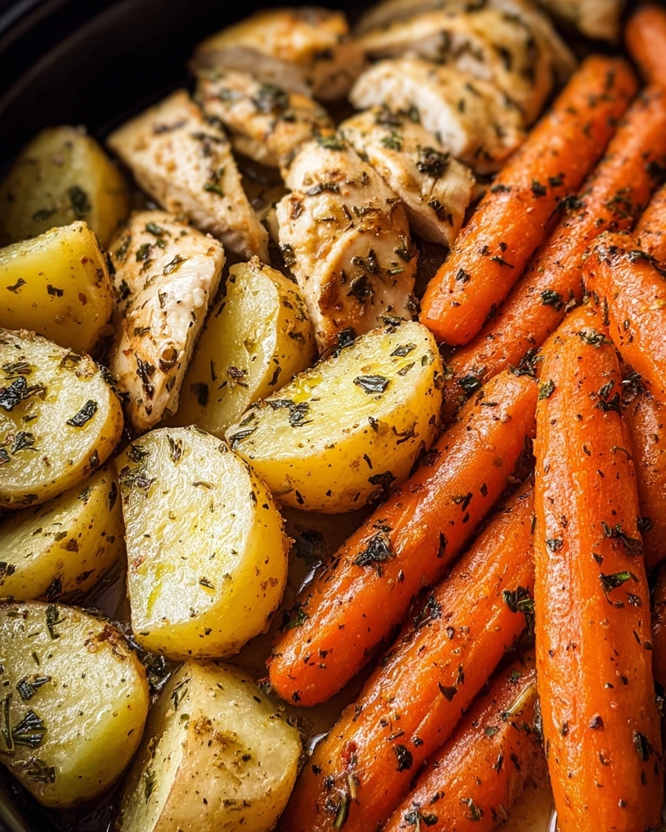 A close-up view of a black pan filled with cooked food layered closely together, starting with golden-brown potato halves at the bottom left, coated with scattered herbs; above and around the potatoes are multiple pieces of white chicken breast seasoned with mixed dried herbs and slightly charred edges; filling up the rest of the pan, several bright orange whole carrots glisten with oil and are sprinkled with herbs, giving a textured and shiny appearance. photo taken with an iphone --ar 4:5 --v 7