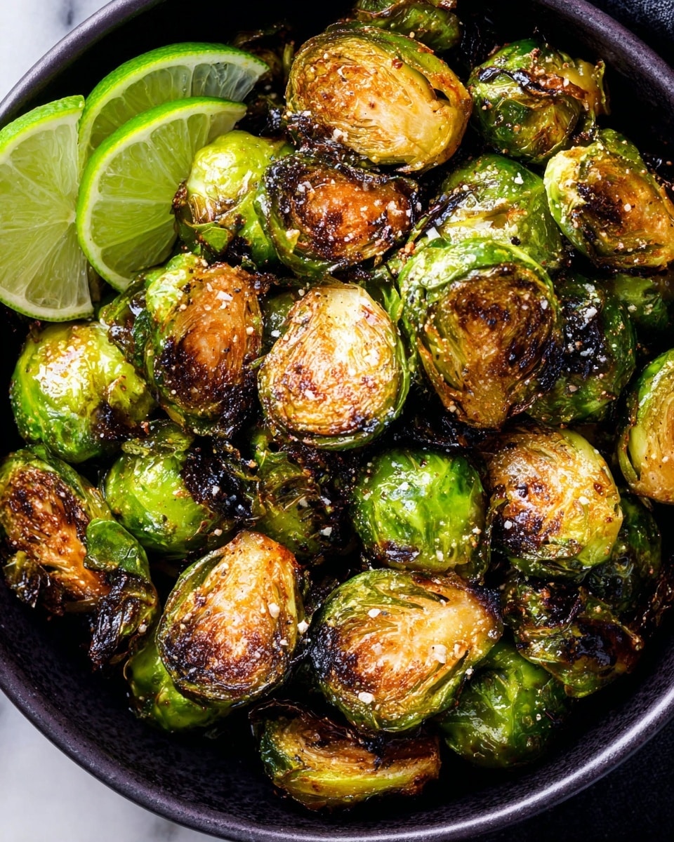 A close-up view of a black bowl filled with roasted Brussels sprouts, each cut in half showing a mix of bright green and golden-brown crispy outer leaves with dark charred spots, speckled with coarse salt and black pepper. The texture looks crunchy and slightly oily, and in the top left corner, there are two lime halves with pale green juicy interiors, all set on a white marbled surface. photo taken with an iphone --ar 4:5 --v 7