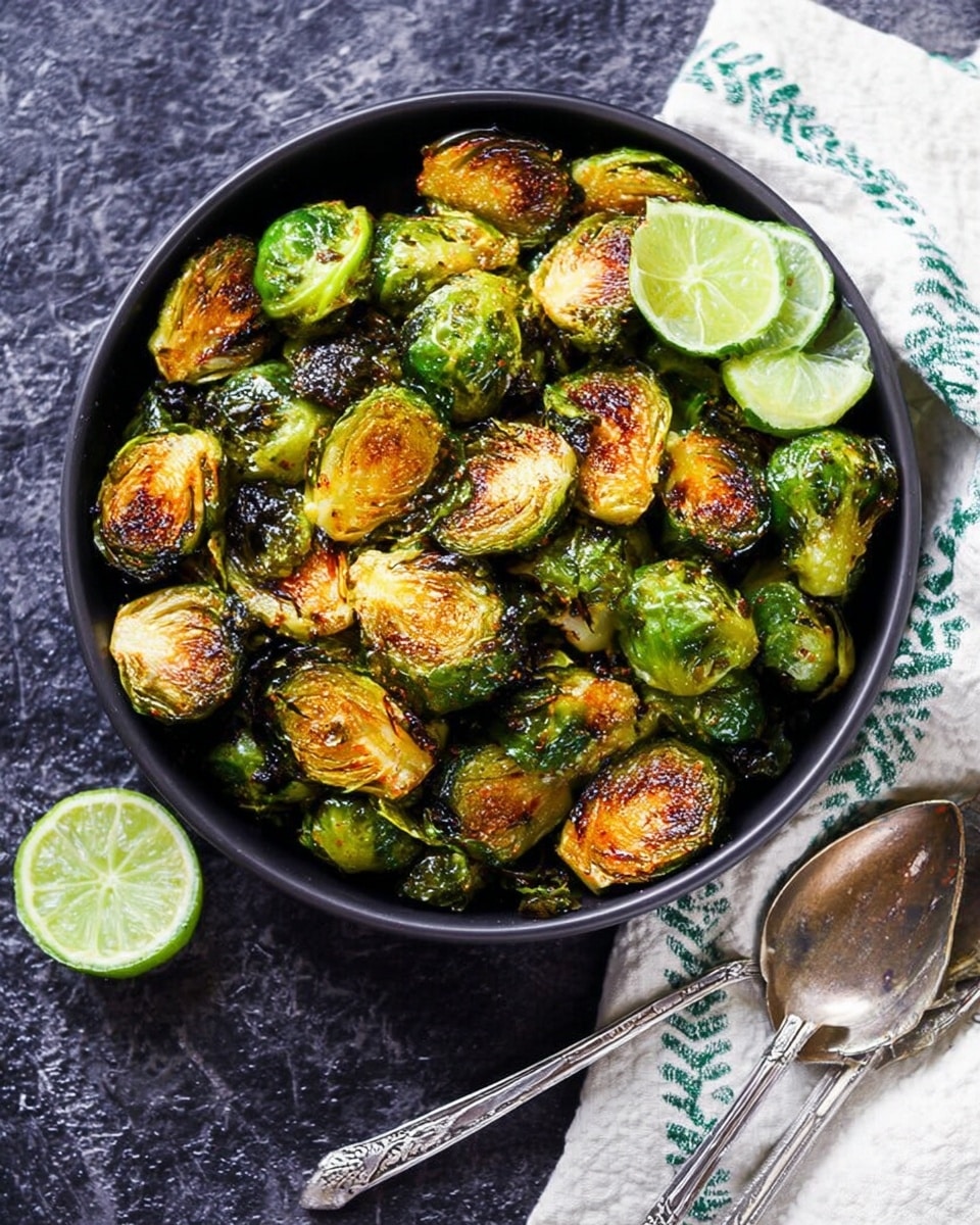 A black bowl filled with roasted Brussels sprouts, each cut in half showing green and golden brown crispy layers with slight charring. The Brussels sprouts are piled up dense and look shiny with oil and seasoning. Next to the bowl are two squeezed lime halves and two vintage silver spoons lying on a dark textured surface. A white cloth with green stripes is casually placed on the top right side. The background is changed to a white marbled texture. photo taken with an iphone --ar 4:5 --v 7