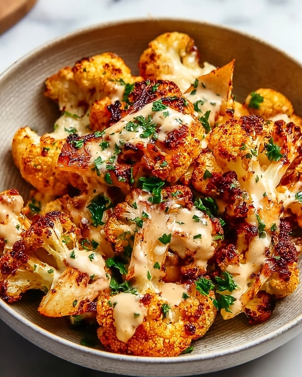 A bowl filled with several pieces of roasted cauliflower, each piece showing a mix of golden brown and slightly charred orange colors, topped with a creamy, light beige sauce drizzled unevenly over them. Small green parsley leaves are scattered on top, adding a fresh contrast. The bowl itself is white with a subtle texture, placed on a white marbled surface that adds brightness to the image. photo taken with an iphone --ar 4:5 --v 7