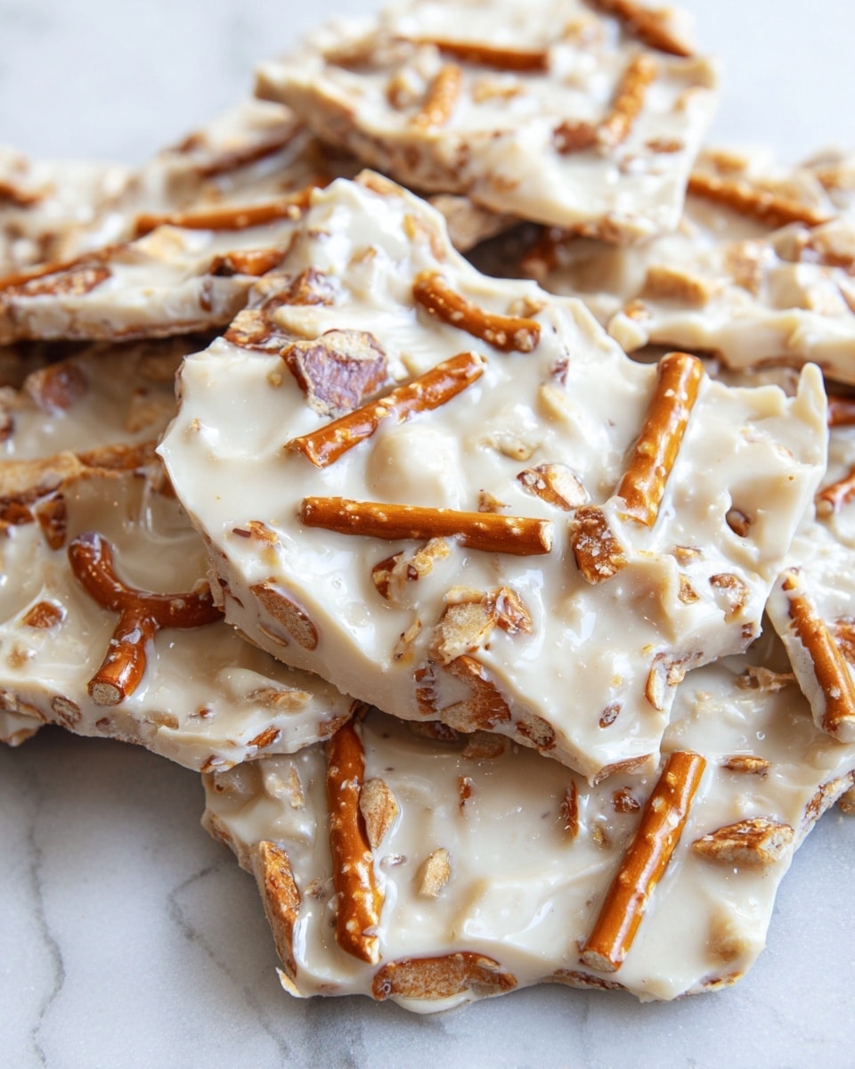 The image shows irregular pieces of pretzel bark stacked and spread out on a white marbled surface. Each piece has a rough, uneven shape with a single thick layer made of creamy white chocolate mixed with broken pretzel sticks and crumbs embedded throughout, giving the surface a chunky, textured look. The pretzels inside the bark are golden brown, contrasting with the smooth white chocolate that holds them together. Some pretzel pieces stick out on top, adding a crunchy and rustic feel to the bark. Photo taken with an iphone --ar 4:5 --v 7