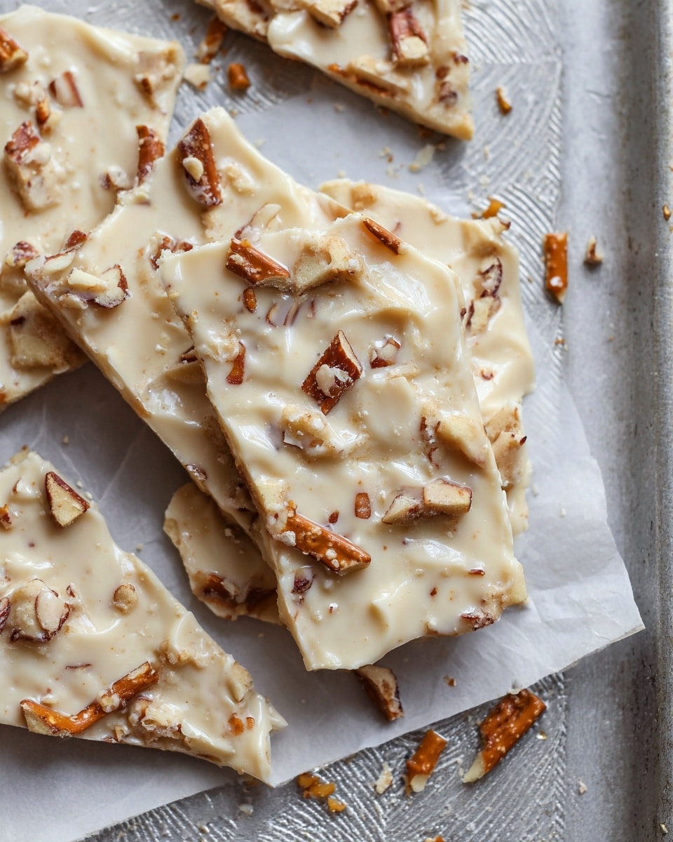 The image shows close-up pieces of white chocolate pretzel bark placed on white parchment paper over a gray baking tray with a textured pattern. Each bark piece is a single thick layer of creamy off-white chocolate mixed with crunchy broken pretzel pieces that show light and dark brown colors with a crunchy texture. Extra small pretzel crumbs are scattered around the bark on the parchment paper. The bark has a smooth and slightly swirled surface with visible cracks and broken edges. photo taken with an iphone --ar 4:5 --v 7