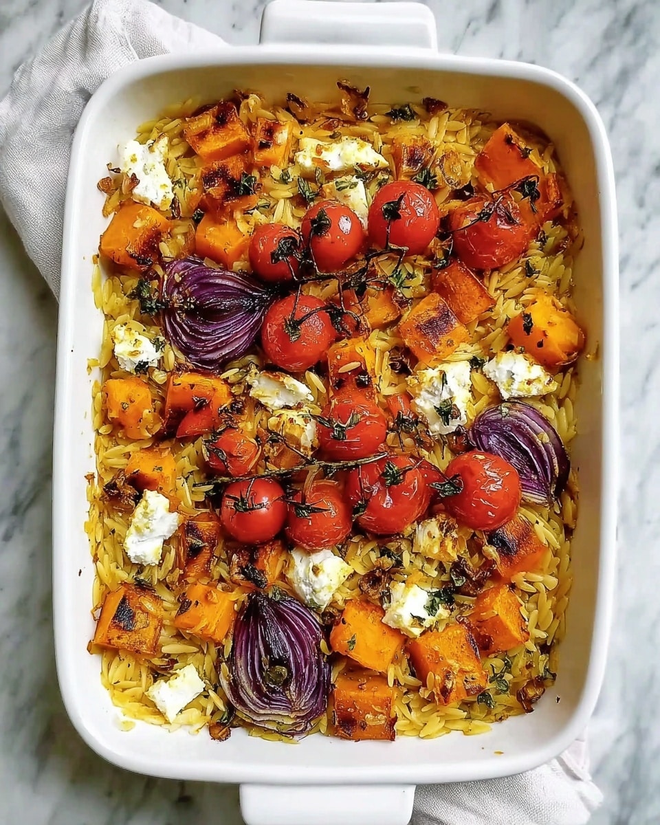A white rectangular baking dish filled with a roasted dish showing a base layer of golden-brown orzo pasta with a slightly crispy texture. On top, there are bright orange roasted butternut squash cubes, browned on the edges, scattered evenly. Red cherry tomatoes, some still on the vine, sit among the vegetables, with a shiny, juicy look. There are also chunks of browned, creamy white cheese grilled to a golden crust. Dark purple roasted red onion wedges add depth of color and texture. The edges of the dish have browned herbs and seasoning, adding a green touch around the sides. The dish rests on a white marbled surface with a white cloth nearby. photo taken with an iphone --ar 4:5 --v 7
