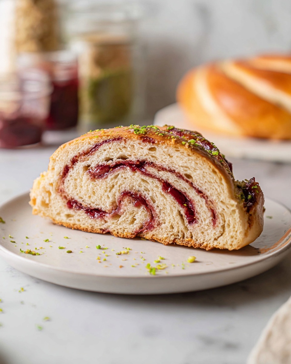 A slice of sweet bread is placed in the middle of a white plate on a white marbled surface. The bread has two main layers: the outer layer is a soft, light tan color with a fluffy texture, while the inner layer has swirling lines of a dark red jam filling that contrast with the pale dough. Small bits of green zest are sprinkled on top of the bread and around the plate. In the background, there are blurred jars and another round bread. photo taken with an iphone --ar 4:5 --v 7