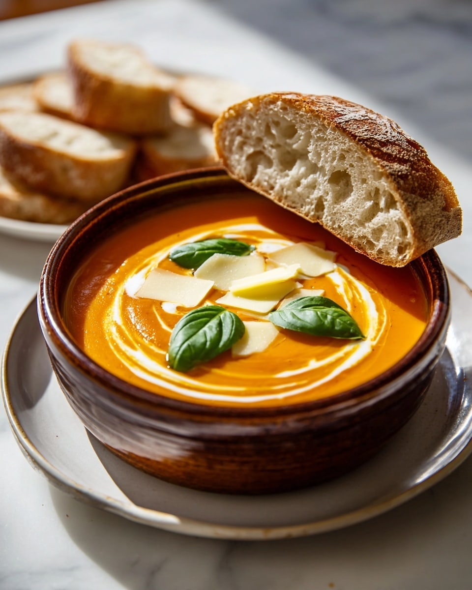 A brown rustic bowl filled with smooth, creamy orange soup swirled with a white cream spiral on top. The soup is garnished centrally with several pale yellow cheese shavings and three bright green basil leaves. A thick slice of crusty bread with a golden-brown crust and airy white inside rests on the bowl’s edge, with additional pieces of bread placed beside the bowl on a white plate, all set on a white marbled surface. photo taken with an iphone --ar 4:5 --v 7