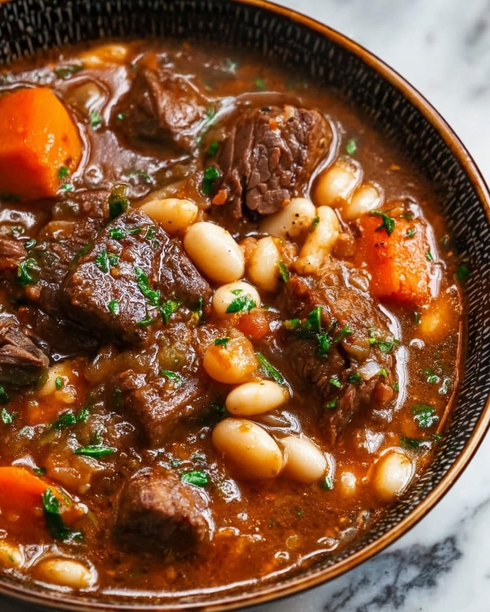 This image shows a close-up of a bowl of beef stew with visible chunks of tender, dark brown beef pieces, small round white beans, and slices of bright orange carrots. The stew has a rich, thick brown broth with a glossy texture, with bits of green herbs sprinkled on top. The ingredients look soft and well-cooked, sitting in a deep white bowl that has a dark patterned inner rim. The background is a white marbled surface. Photo taken with an iphone --ar 4:5 --v 7