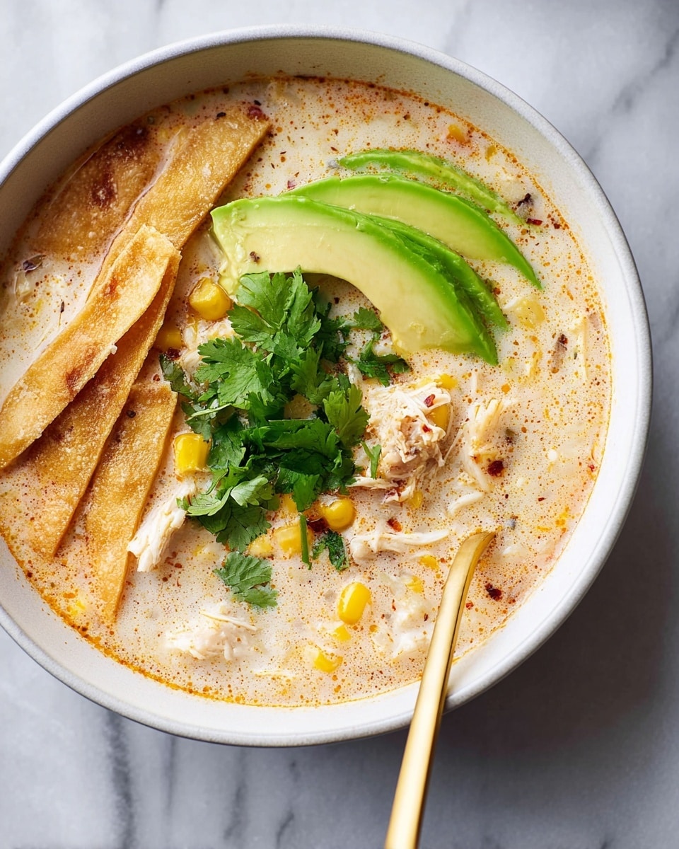 A white bowl filled with creamy soup that has a light orange and white speckled texture, showing chunks of white meat and small pieces of yellow corn mixed in. On the left side of the soup are thin, crispy, light brown strips stacked together. In the middle top portion, three slices of bright green avocado are laid neatly, and a small bunch of fresh green cilantro leaves rests on top of the avocado. A gold spoon is placed inside the bowl on the right side. The bowl sits on a white marbled surface. Photo taken with an iphone --ar 4:5 --v 7
