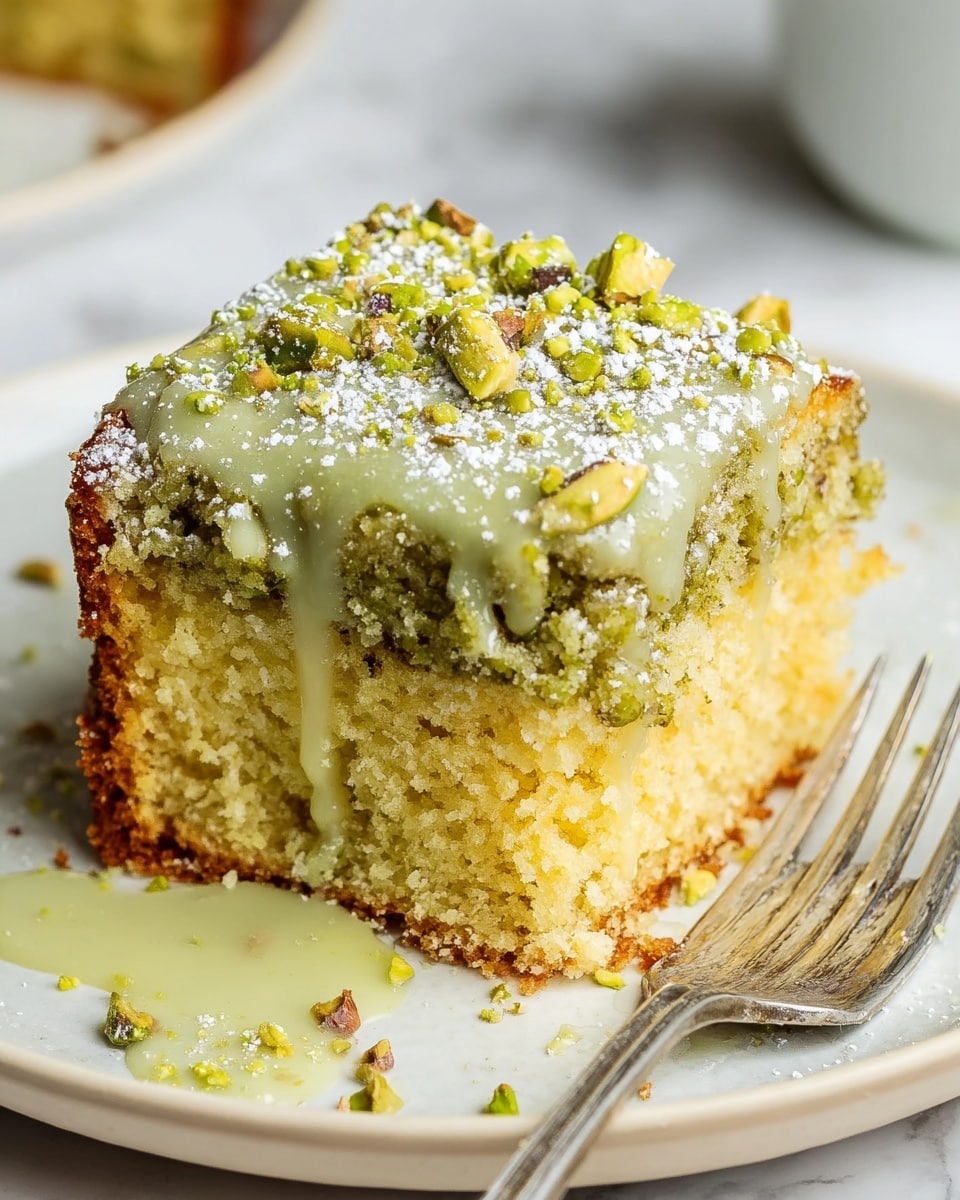 The image shows a single square piece of cake on a white plate with a few crumbs and some powdered sugar scattered around. The cake has two main layers: the bottom layer is a moist, yellowish sponge with a slightly golden brown edge, and above it is a thicker crumbly layer mixed with green bits suggesting pistachios or nuts. The top of the cake is covered with a light green glaze that drips down the sides, and sprinkled with crushed pistachios and a dusting of powdered sugar. A silver fork lies on the right side of the plate and the surface beneath is a white marbled texture. Photo taken with an iphone --ar 4:5 --v 7
