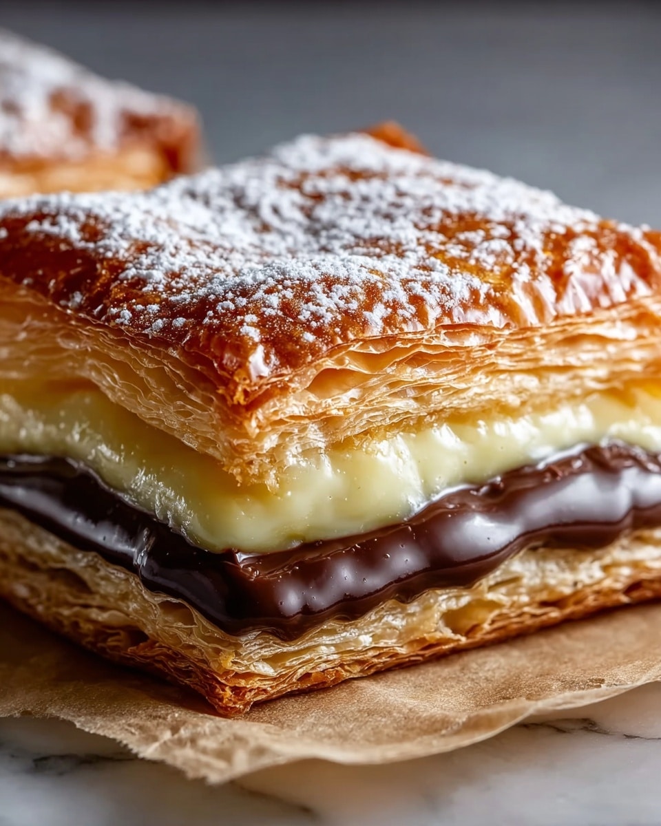 A close-up image of a square piece of puff pastry shows multiple thin, golden-brown flaky layers stacked on top of each other, with a slightly crisp and shiny crust on top that has tiny sugar crystals sprinkled over it. The layers look light and airy with a soft, creamy yellow interior, while the top layer has darker toasted spots giving it a rich texture. The pastry rests on white parchment paper, with a soft blurred background. photo taken with an iphone --ar 4:5 --v 7