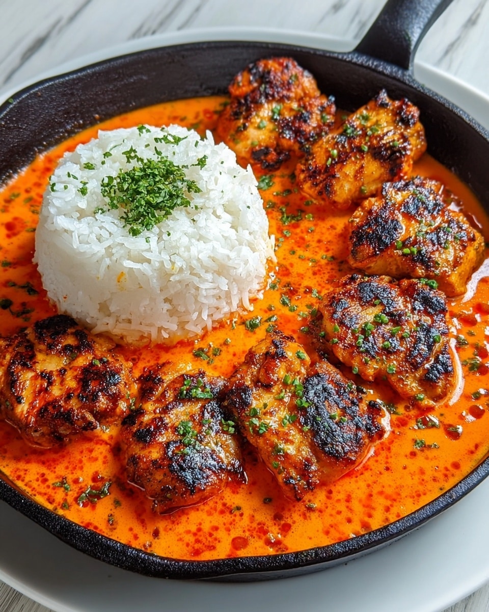 The dish shows a black cast iron pan filled with a vibrant deep orange sauce that has a creamy texture, covering the bottom. On the right side are seven pieces of grilled chicken with dark char marks, cooked to a golden brown with a slightly crispy surface and sprinkled with small green herb bits. On the left side of the pan, there is a neat mound of fluffy white rice topped with a small amount of finely chopped green herbs. The pan rests on a white plate, all placed on a white marbled textured surface. photo taken with an iphone --ar 4:5 --v 7