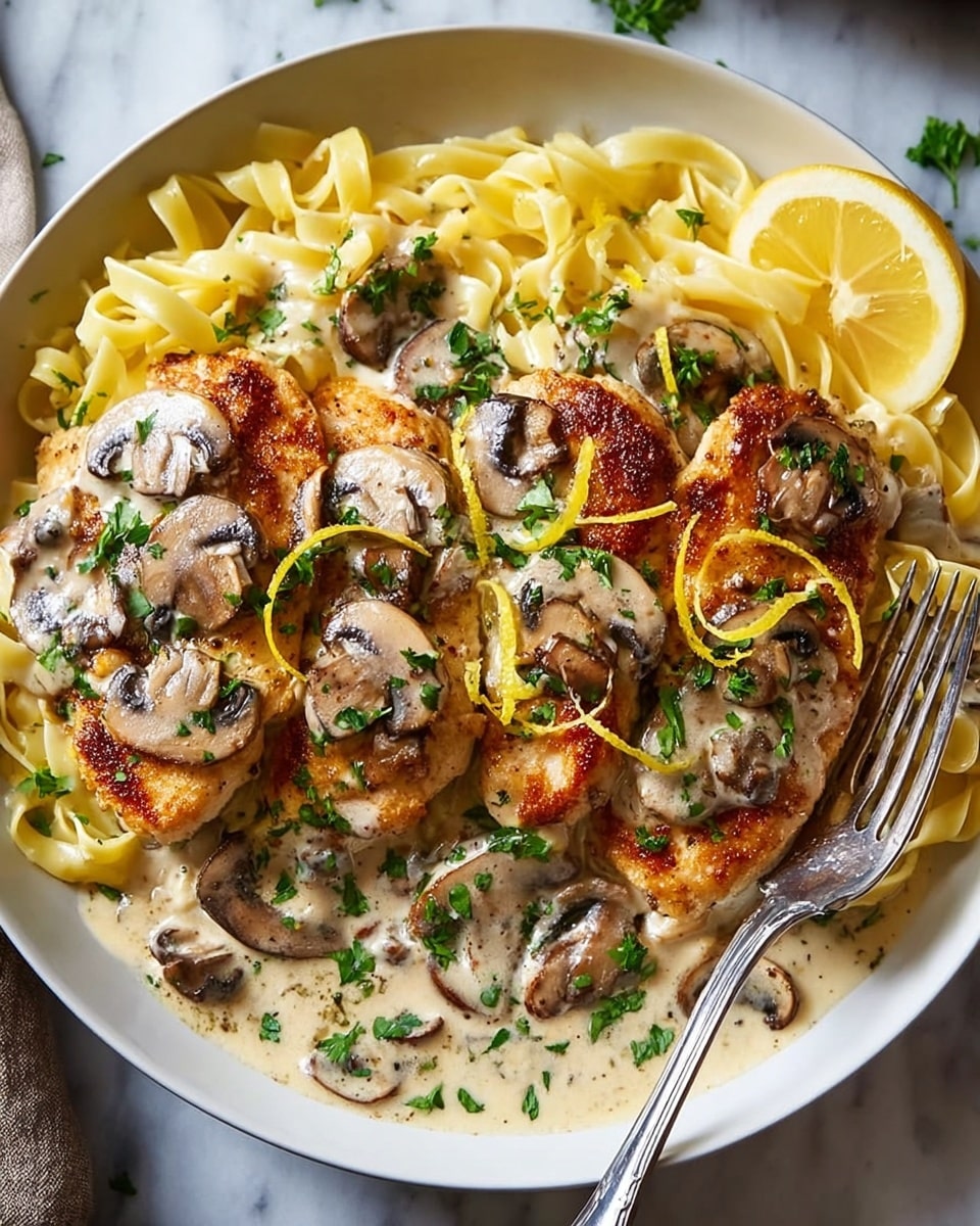 A white round plate holds three golden-brown crispy chicken breasts layered on top of creamy sauce with sliced brown mushrooms, garnished with chopped green parsley and yellow lemon zest scattered on top. Underneath the chicken is a nest of pale yellow fettuccine pasta partially covered with the same creamy mushroom sauce. A bright yellow lemon wedge rests on the edge of the plate. A silver fork touches the pasta on the right side. The scene is set on a white marbled surface. Photo taken with an iphone --ar 4:5 --v 7