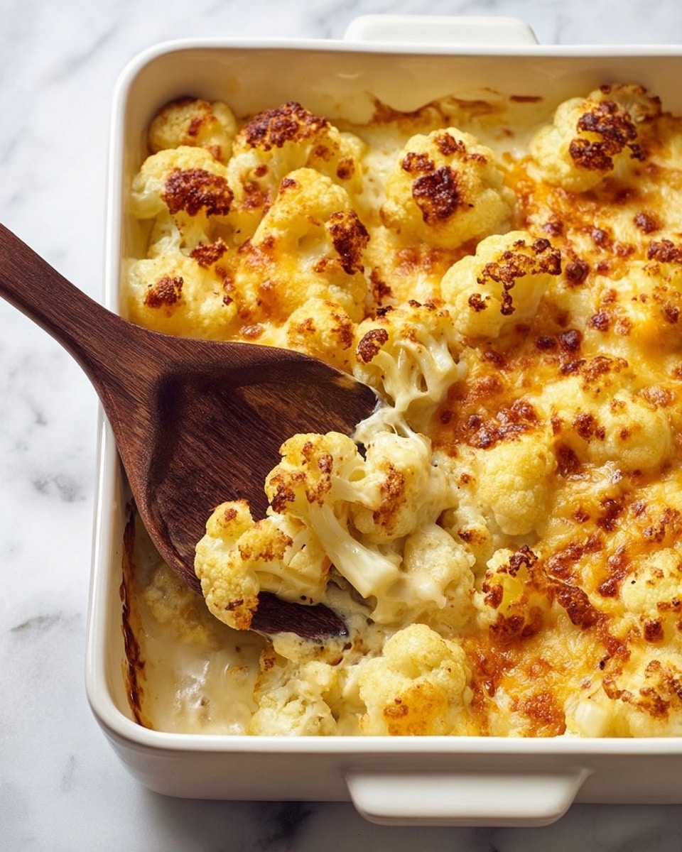 A white rectangular baking dish filled with baked cauliflower cheese. The dish shows one main layer of cauliflower with a golden brown melted cheese topping that is slightly crispy in some places. The cauliflower pieces are small to medium size, creamy and soft looking with some browned edges. A dark wooden spoon is scooping some cauliflower from the dish, lifting a few florets covered in gooey melted cheese. The dish rests on a white marbled surface. photo taken with an iphone --ar 4:5 --v 7