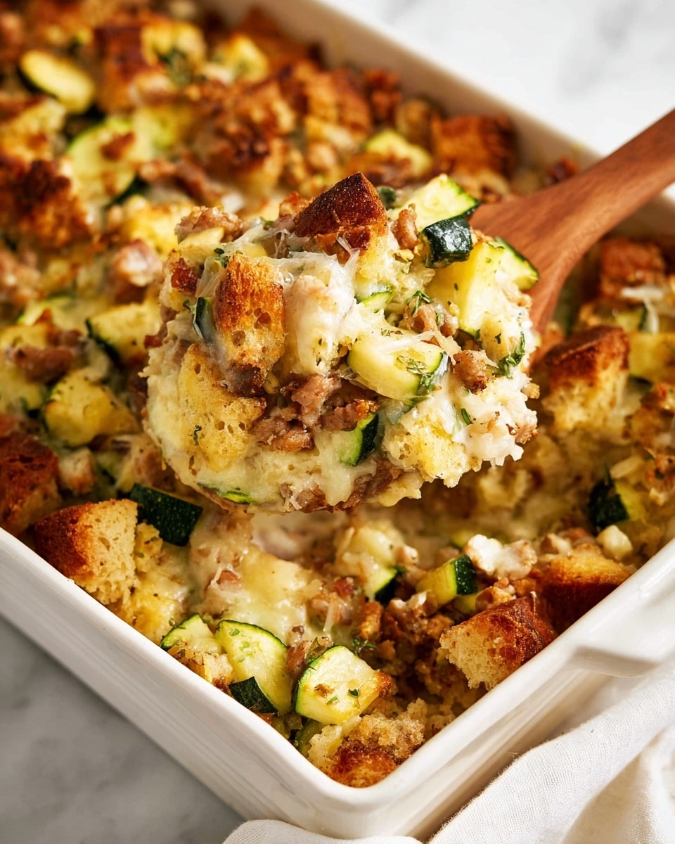 A white rectangular baking dish filled with a layered casserole, showing chunks of green zucchini, golden-brown toasted bread pieces, melted light yellow cheese, and bits of light-colored meat all mixed together. A wooden spoon lifted from the dish holds a scoop showing the creamy texture with browned crispy topping and visible zucchini slices, all against a white marbled surface in the background. Photo taken with an iphone --ar 4:5 --v 7