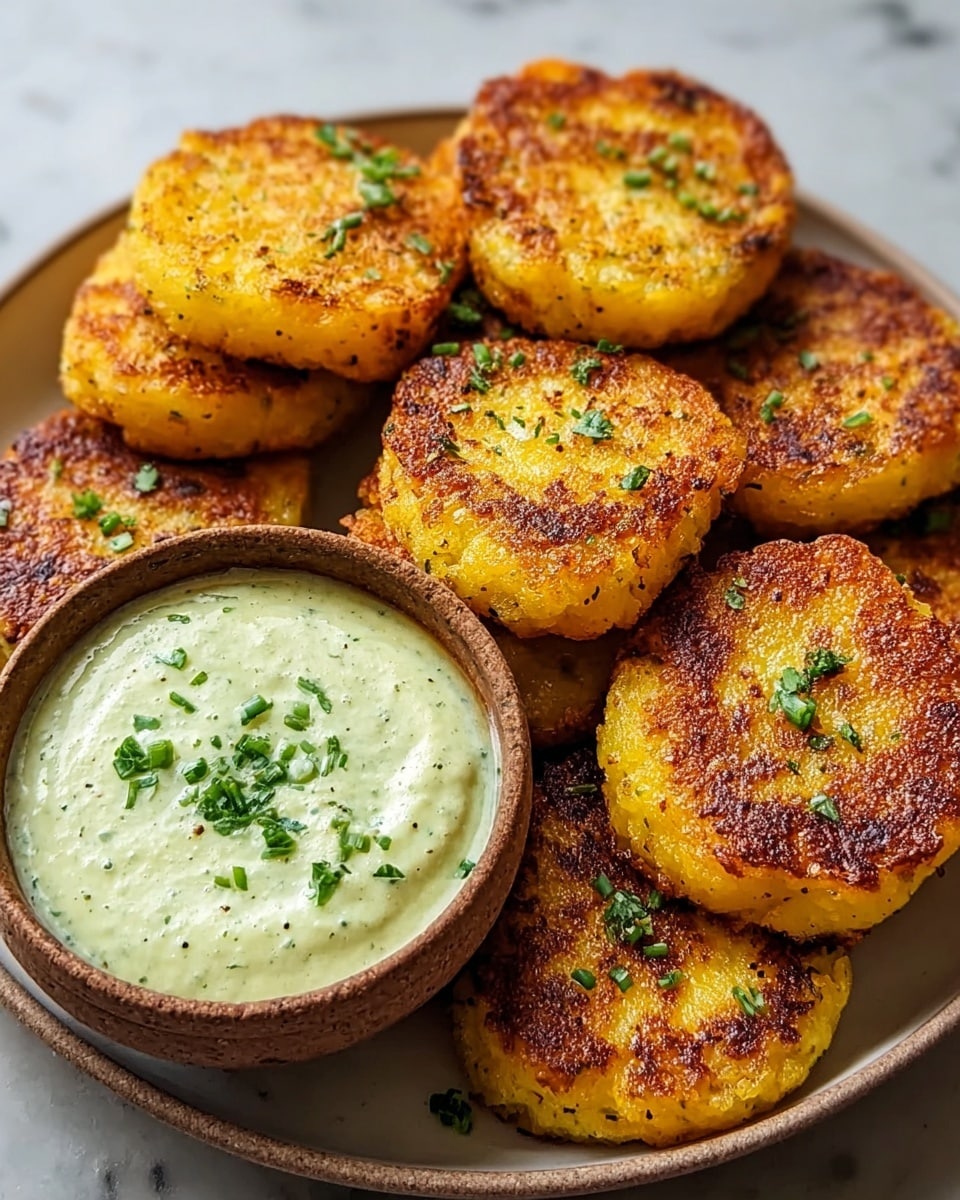 A round white plate with ten golden brown, crispy potato cakes stacked and slightly overlapping each other, showing a textured, crunchy surface with specks of seasoning and small green herbs on top; next to the cakes is a small brown bowl filled with light green creamy sauce sprinkled with chopped green herbs. The background is a white marbled texture. Photo taken with an iphone --ar 4:5 --v 7