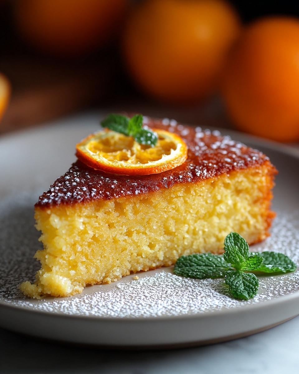 A single slice of moist, golden yellow cake with a slightly crispy, caramelized brown top layer sits on a white plate. The cake shows a soft and dense texture with a light dusting of powdered sugar scattered over its surface and the plate beneath. On top, a thin, bright orange slice of dried citrus is placed slightly off-center, accompanied by a small sprig of fresh green mint leaves, adding a touch of color contrast. The plate is set against a white marbled texture background, with blurred whole oranges visible in the background. photo taken with an iphone --ar 4:5 --v 7