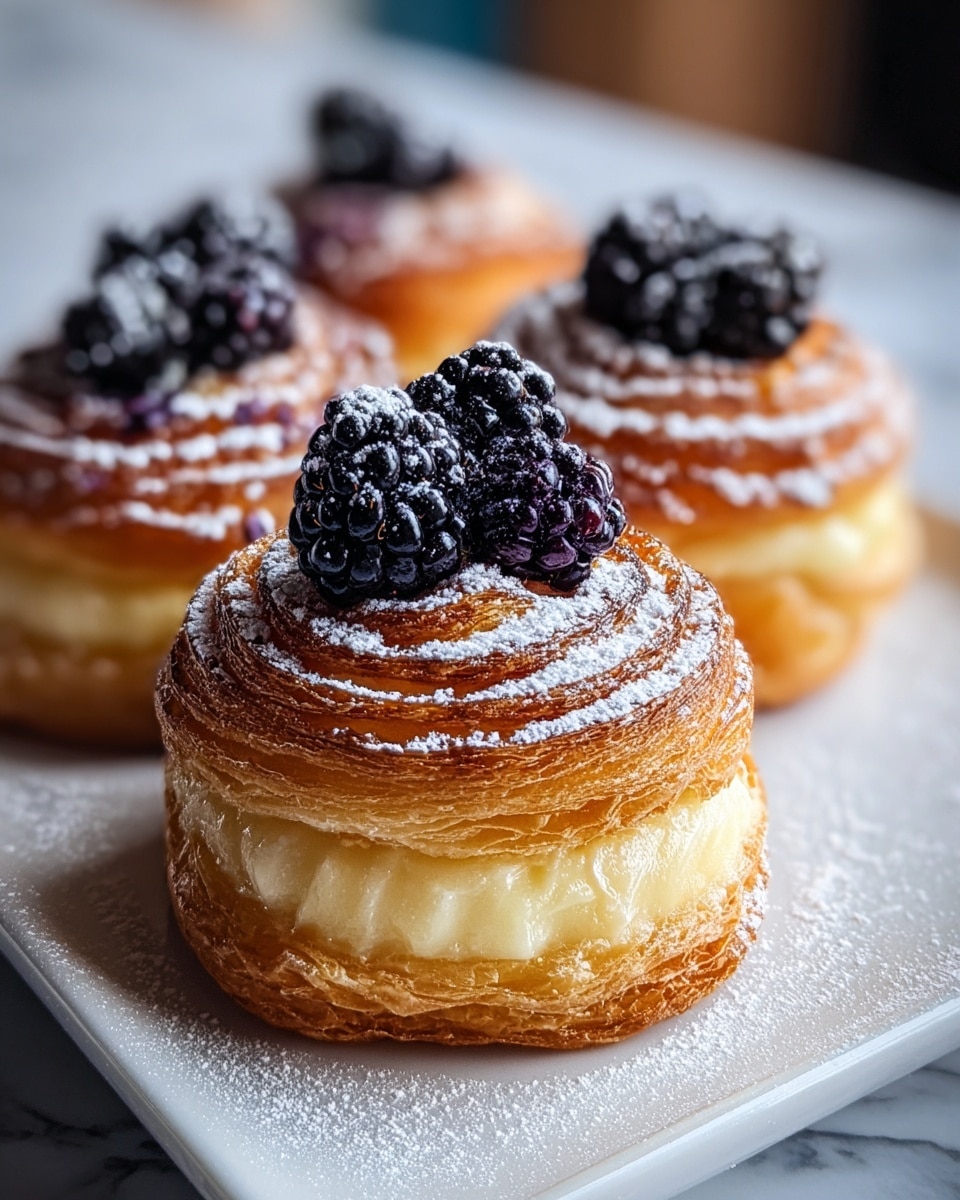 The image shows a close-up of sweet pastries arranged on a white plate dusted with powdered sugar. Each pastry has three visible layers: a golden brown, flaky spiral top layer, a thick pale yellow middle layer that looks soft and creamy, and a darker golden brown base. On top of each pastry, a cluster of fresh blackberries is placed, some dusted lightly with powdered sugar. The pastries are placed on a surface with a white marbled texture, and the background is softly blurred. photo taken with an iphone --ar 4:5 --v 7