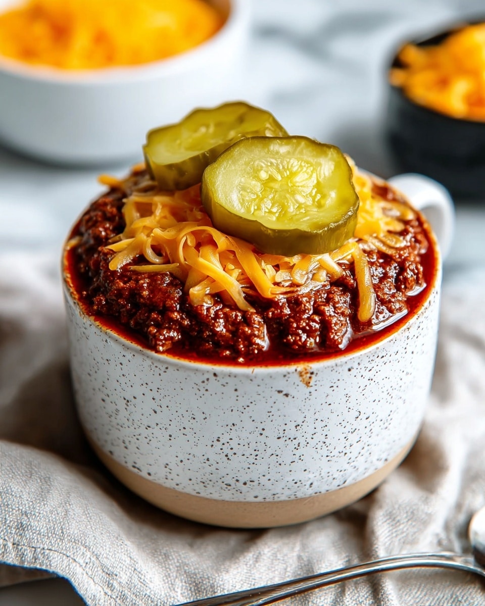 A white speckled mug is filled with a thick, dark brown chili base, topped with a melted bright orange layer of shredded cheddar cheese that drapes over the edges. On top of the cheese sit two large green pickle slices, each showing a glossy texture with visible seeds. The mug is placed on a light-colored, soft cloth with a silver spoon lying nearby on a white marbled surface. In the background, there is a blurred white bowl with yellow shredded cheese and another dark bowl also containing shredded cheese, all set against the white marbled texture. photo taken with an iphone --ar 4:5 --v 7
