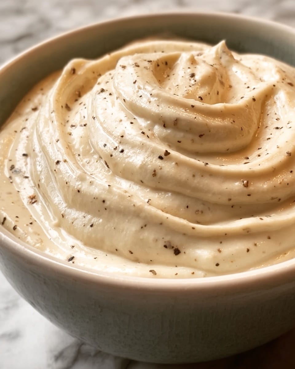 A close-up view of a creamy, thick dip with a smooth texture swirled on top, showing gentle folds in a single beige layer speckled with small black pepper flakes. The dip is served inside a simple white bowl, set on a white marbled texture. The lighting highlights the shiny surface of the creamy swirl, emphasizing its soft and rich consistency. photo taken with an iphone --ar 4:5 --v 7