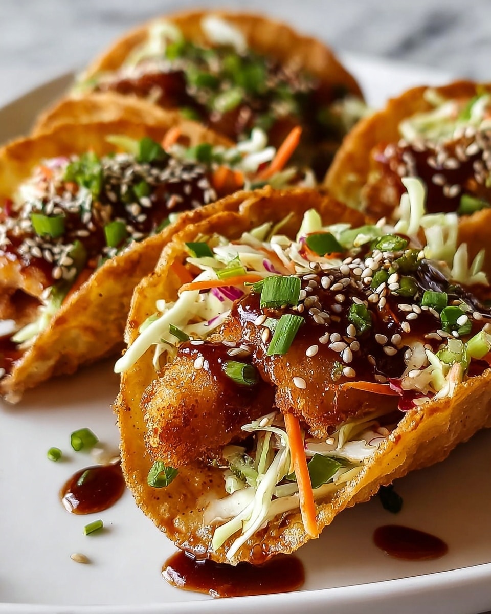 Three crispy golden brown taco shells sit on a white plate over a white marbled texture, each shell filled with a layered mix of ingredients. At the bottom of each shell is a piece of fried chicken with a crunchy texture, topped with a colorful slaw made of thin white cabbage, orange carrot strips, and green herbs, all fresh and shredded. A dark brown sticky sauce is drizzled over the top, pooling a little on the plate, with white sesame seeds sprinkled on everything. Bright green chopped scallions and parsley pieces add contrast and freshness, making the dish vibrant and inviting. photo taken with an iphone --ar 4:5 --v 7