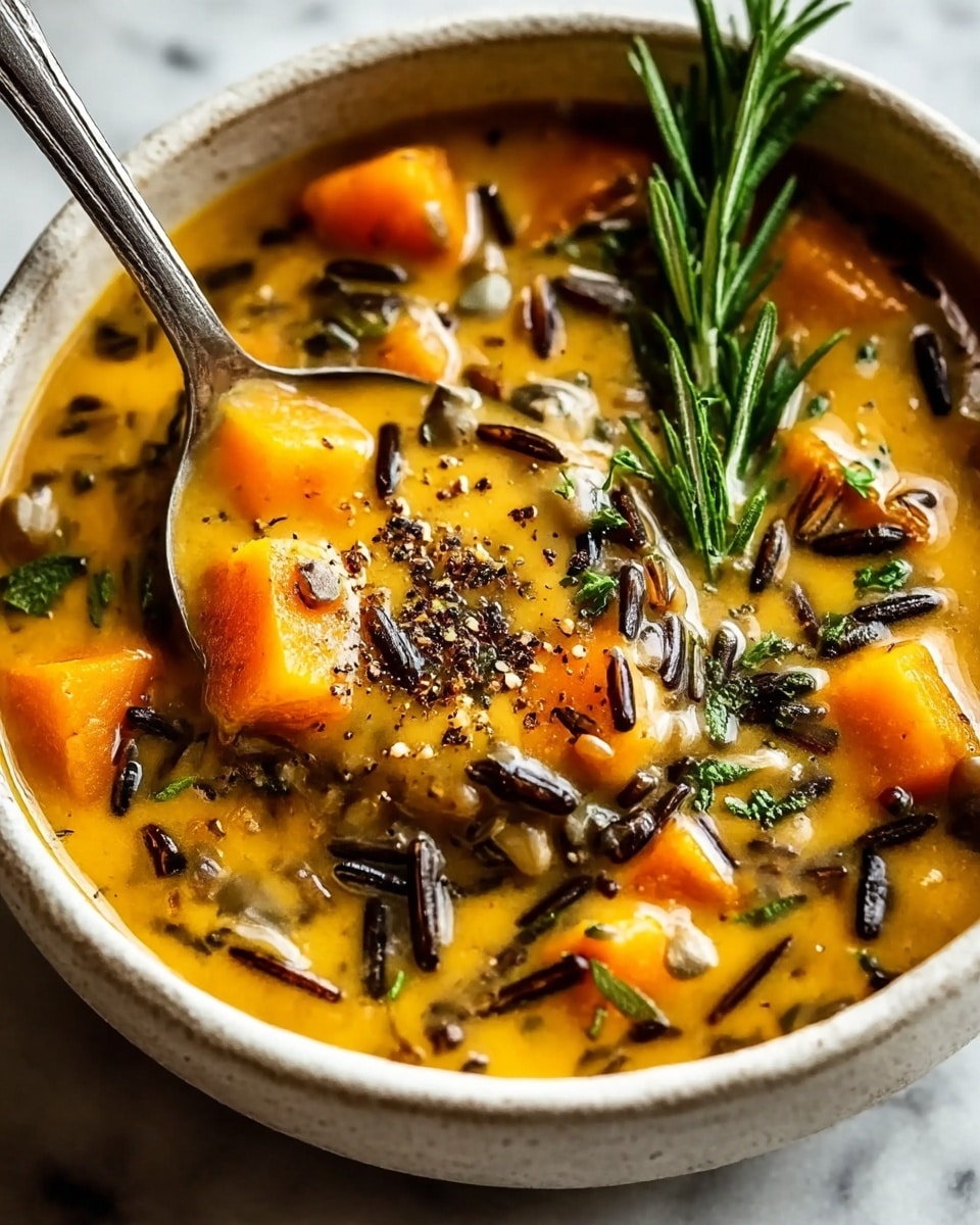 A close-up of a thick soup served in a white bowl with a rough texture. The soup has an orange-yellow creamy base filled with visible wild rice grains that are black and white, along with chunks of orange vegetables like pumpkin or squash. The soup is garnished with fresh green herbs, including a sprig of rosemary resting on the side. A metallic spoon is partially submerged in the soup, showing a scoop with some black pepper sprinkled on top. The scene is set against a white marbled texture background. photo taken with an iphone --ar 4:5 --v 7