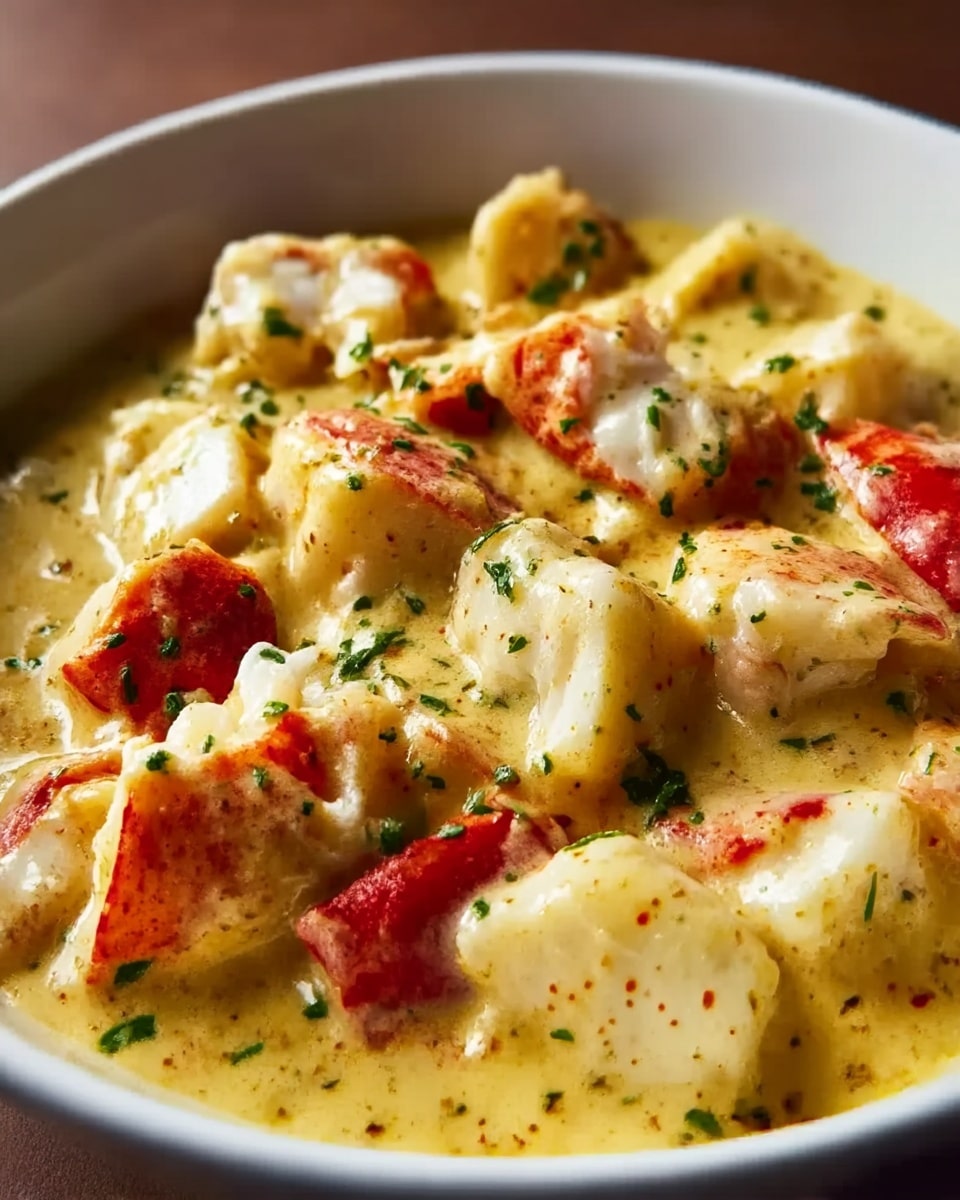 The dish shows chunks of white seafood pieces mixed with bright red seafood parts, covered in a thick, creamy yellow sauce. The sauce has a smooth texture with small visible spices and green herbs sprinkled on top, adding contrast to the colors. The food fills a white bowl, and the creamy sauce looks rich and slightly glossy, holding the ingredients together evenly. photo taken with an iphone --ar 4:5 --v 7