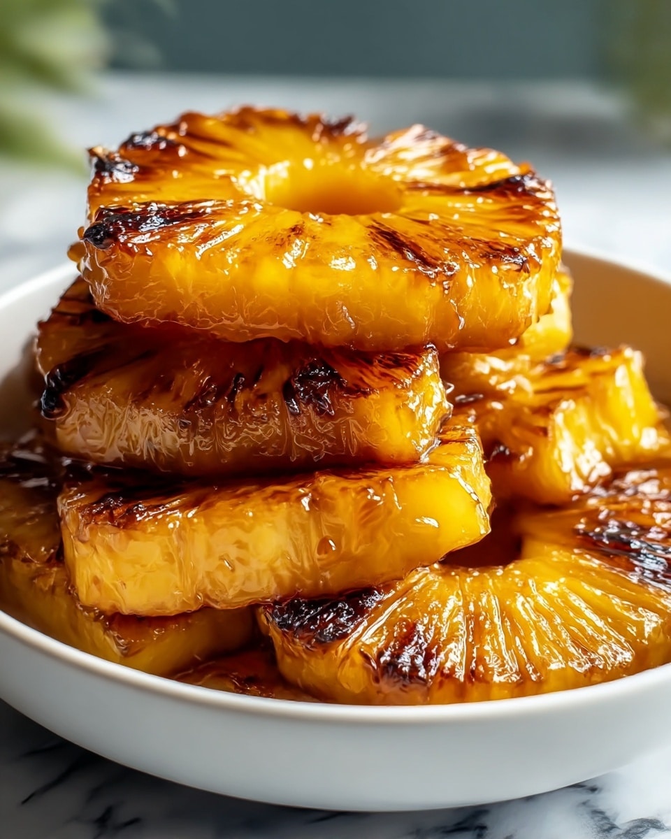 A white bowl holds a stack of golden grilled pineapple slices with a shiny, caramelized glaze. The slices are thick and arranged in a slightly uneven pile, showing some dark brown char marks that add texture and depth. The pineapples' juicy flesh glistens under the light, and the edges appear slightly crispy. The background features a soft blur with a white marbled texture under the bowl. Photo taken with an iphone --ar 4:5 --v 7