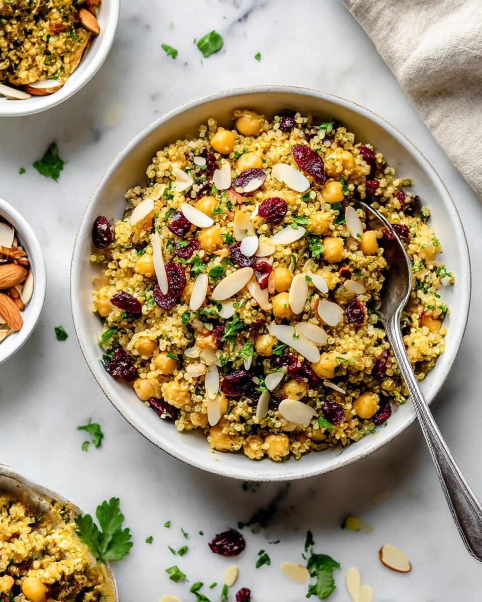 A white ceramic bowl filled with a colorful quinoa salad sits on a white marbled surface. The salad has three main layers: fluffy golden quinoa mixed with light yellow chickpeas forming the base, scattered deep red dried cranberries mixed within, and topped with thin, pale beige sliced almonds and bright green chopped parsley. A silver spoon is partially sunk into the salad, and some salad ingredients and parsley leaves are scattered around the bowl. Smaller white bowls with sliced almonds and parsley are placed nearby. photo taken with an iphone --ar 4:5 --v 7