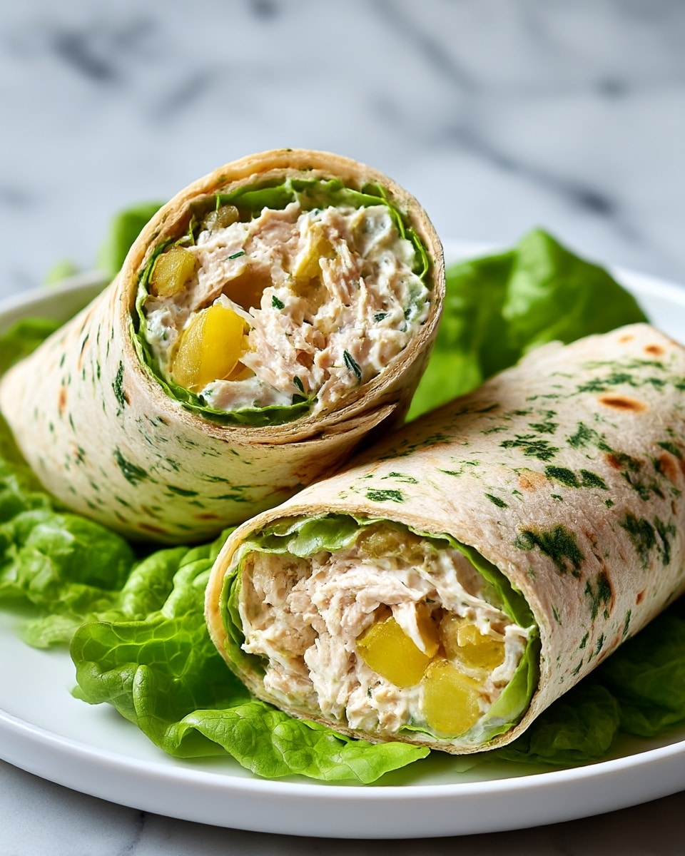 Two wraps are placed side by side on a bed of bright green lettuce leaves on a white plate. Each wrap has a slightly toasted flatbread with visible green herbs baked into it, giving a lightly speckled look. Inside, the layers show a creamy mixture of light-colored shredded chicken with specks of green herbs, combined with pieces of yellow pickles that add texture and a pop of color. The wraps' edges are neatly folded, and the overall presentation looks fresh and appetizing on a white marbled surface. photo taken with an iphone --ar 4:5 --v 7