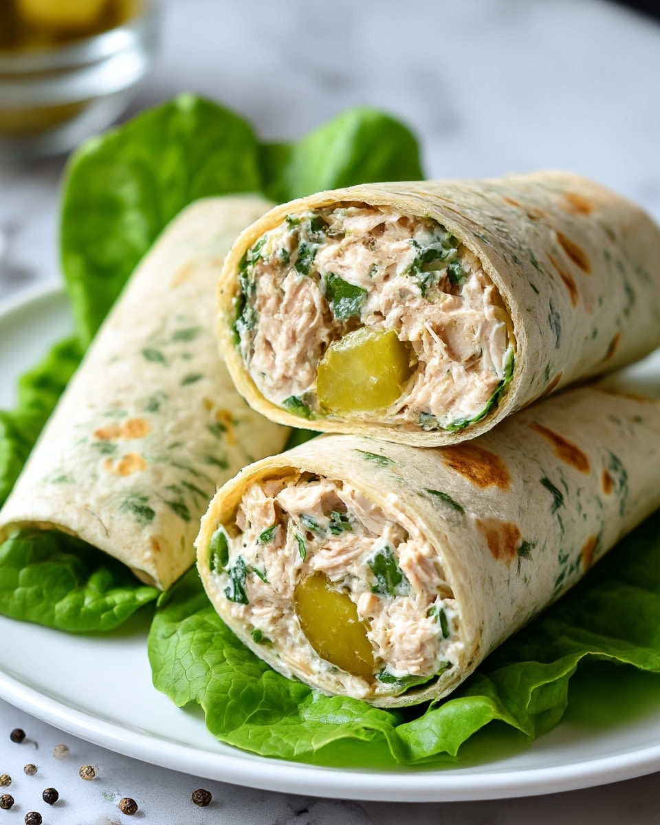 Two wraps are placed side by side on a white plate lined with green lettuce leaves. Each wrap is made from a thin flatbread with green herb flecks and light golden spots from cooking. Inside the wraps, there is a creamy mixture of light beige shredded chicken or tuna combined with finely chopped green herbs and small, chunky pieces of bright green pickles. The wraps are cut in half, showing the filled layers clearly. The plate is set on a white marbled surface with some scattered black pepper beside it. photo taken with an iphone --ar 4:5 --v 7