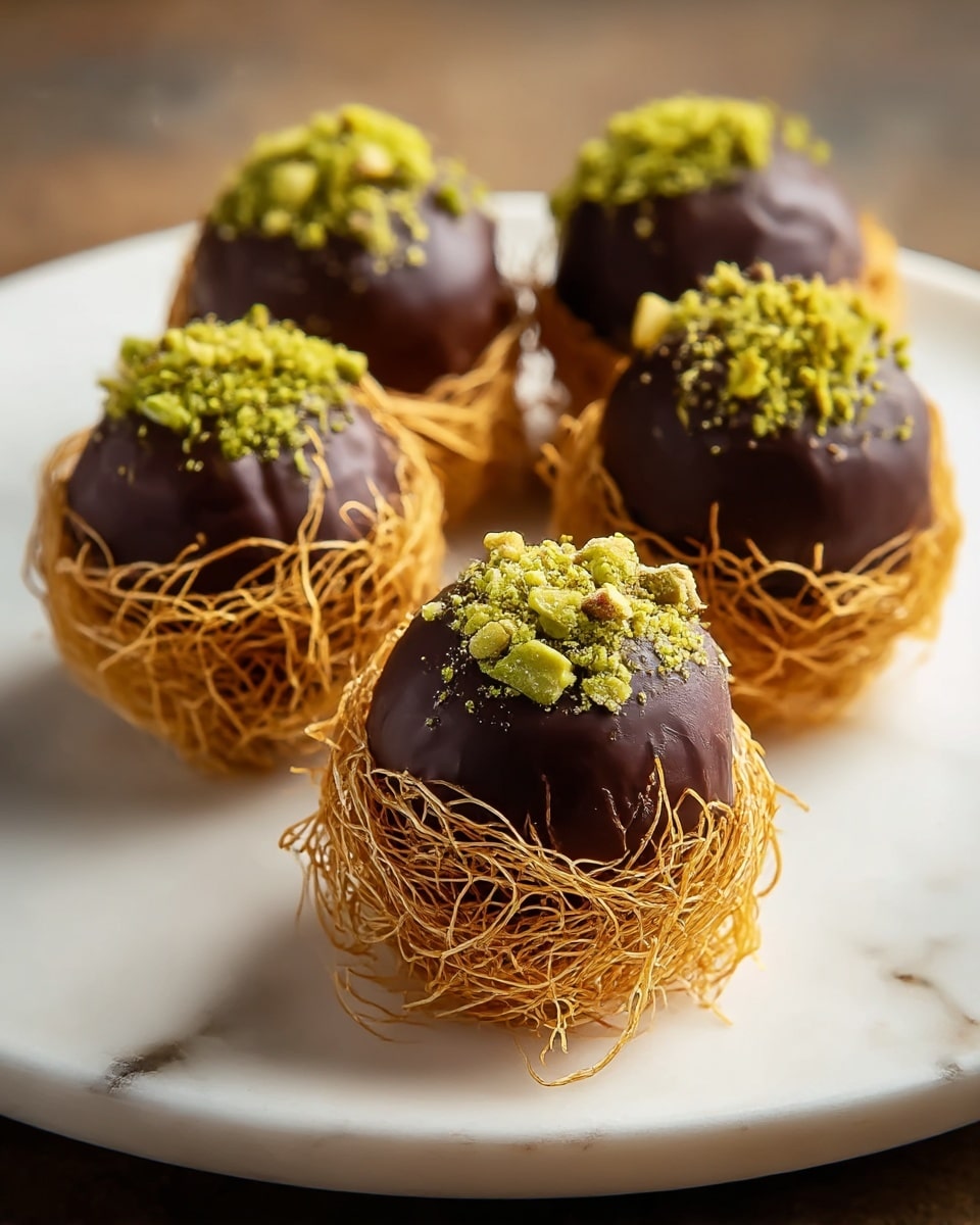 Five round chocolate truffles sit closely together on a white plate with a white marbled surface underneath. Each truffle has two clear layers: the outer layer is a shiny dark brown chocolate coating topped with bits of bright green crushed pistachio, while the bottom half is wrapped in a nest-like layer of light golden brown crispy strands. The texture contrasts between the smooth chocolate and the delicate, crunchy strands create a rich, detailed look. Photo taken with an iphone --ar 4:5 --v 7