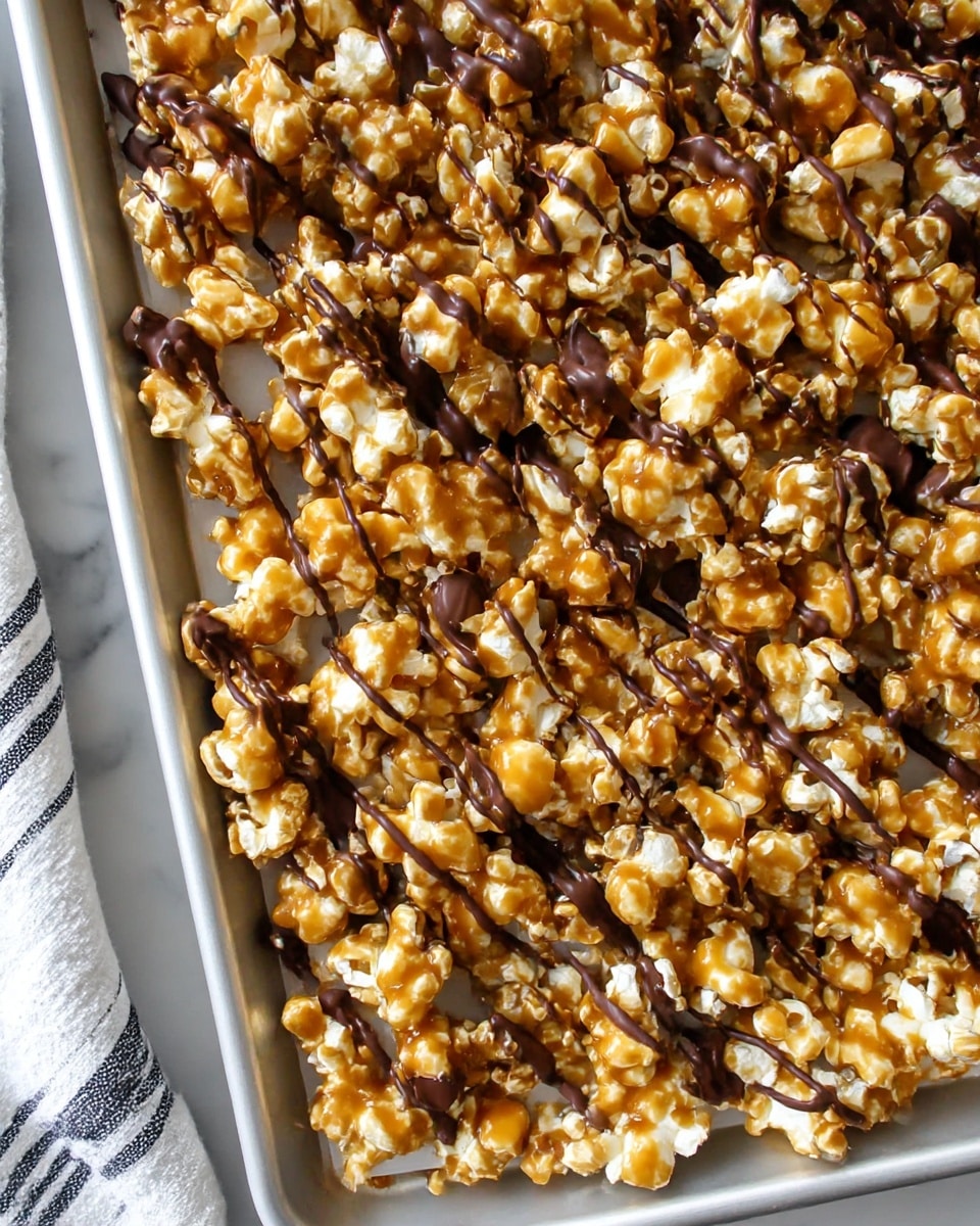 The image shows a close-up view of a large pile of caramel popcorn spread out evenly on a white baking tray, with clusters of popcorn coated in shiny, golden caramel. Over the top, there is a generous drizzle of dark melted chocolate, forming thin and thick lines that add contrast to the light caramel and white popcorn. The tray is placed on a white marbled surface, and a white cloth with black stripes is partially visible on the left side. The textures are rich and glossy with the popcorn pieces tightly packed together photo taken with an iphone --ar 4:5 --v 7