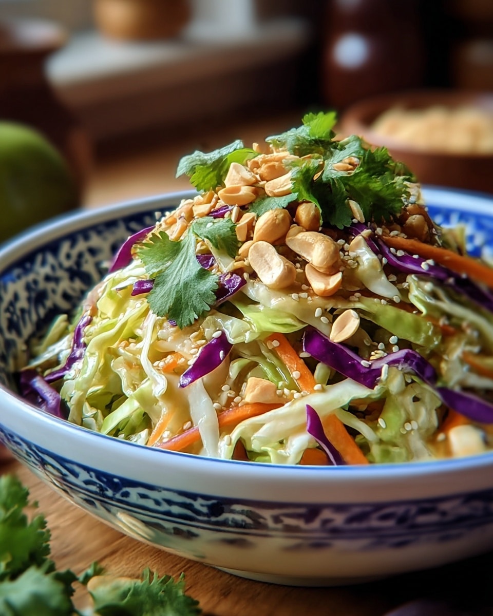 A close-up view of a fresh salad served in a white bowl with blue patterns around the rim and inside. The salad has three main layers: the bottom layer is light green shredded cabbage, the middle layer shows thin orange carrot strips and small pieces of purple cabbage, and the top layer is decorated with fresh green cilantro leaves, light brown peanuts, and scattered light brown sesame seeds. The bowl sits on a wooden surface with a blurred background that hints at a cozy kitchen. photo taken with an iphone --ar 4:5 --v 7