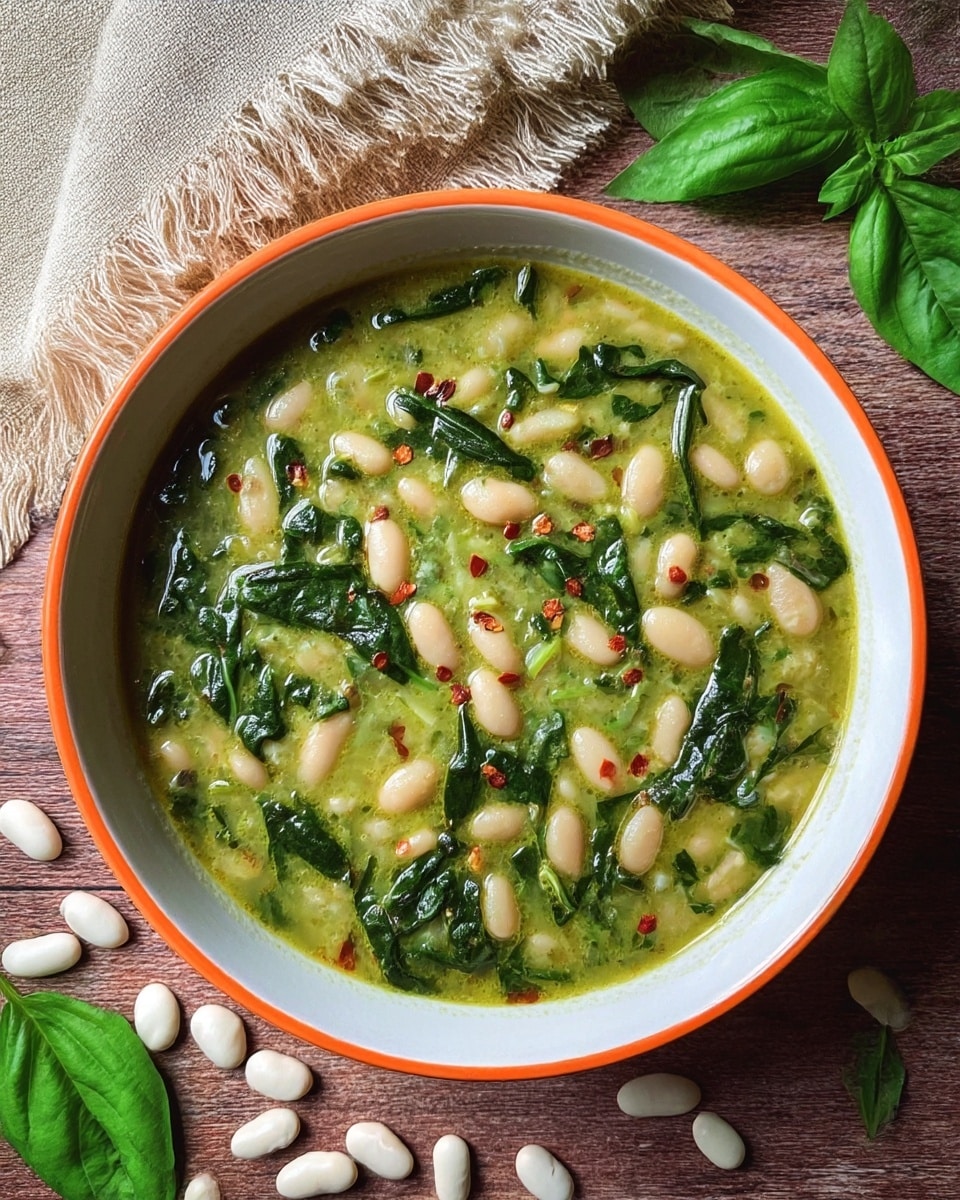 A bowl filled with a green soup that has white beans and dark green spinach leaves mixed in. The soup has small red chili flakes sprinkled on top. The bowl is white with an orange rim and is placed on a wooden surface with scattered white beans and some green basil leaves around it, next to a beige cloth with fringes. photo taken with an iphone --ar 4:5 --v 7