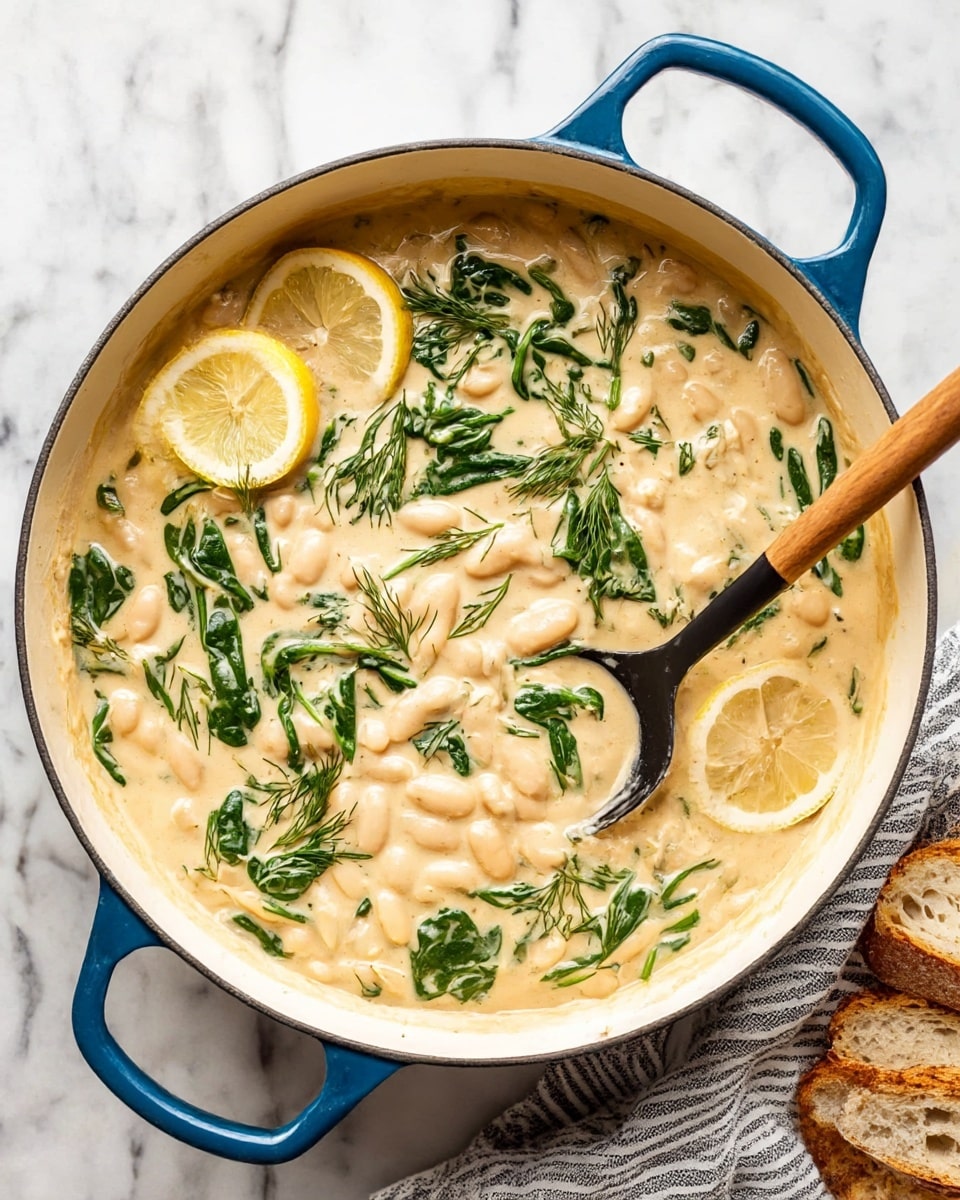 A close-up view of a creamy white bean stew in a large white pot with blue handles, showing three main layers: the base of creamy light beige sauce with a smooth texture, the middle layer of white beans scattered evenly throughout, and the top layer of green spinach leaves and fresh dill adding vibrant color. Two lemon wedges lay on one side inside the pot, and a black spoon with a wooden handle rests in the stew, partially submerged on the right side. The pot sits on a white marbled surface with a striped cloth nearby and three pieces of sliced bread arranged on the right side. photo taken with an iphone --ar 4:5 --v 7