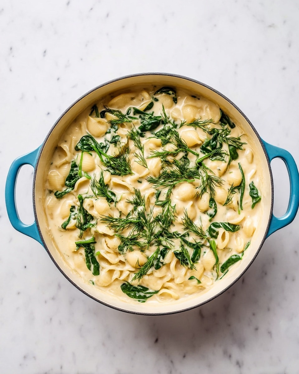 A round white pot with two light blue handles holds a creamy, light beige sauce filled with small pasta shells. Mixed throughout the sauce are bright green spinach leaves and dill sprigs that lay scattered on top, adding layers of texture with their soft, leafy and feathery look. The creamy sauce creates a smooth backdrop to the pasta and greens, and the pot is placed on a white marbled surface, giving the whole scene a fresh and clean feel. photo taken with an iphone --ar 4:5 --v 7